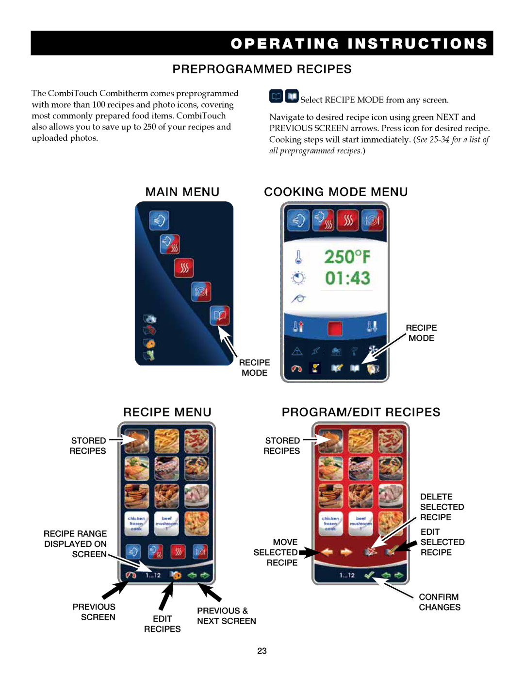 Alto-Shaam 7.14es CombiTouch Preprogrammed recipes, Main menu, Cooking mode menu, Recipe menu Program/edit recipes 