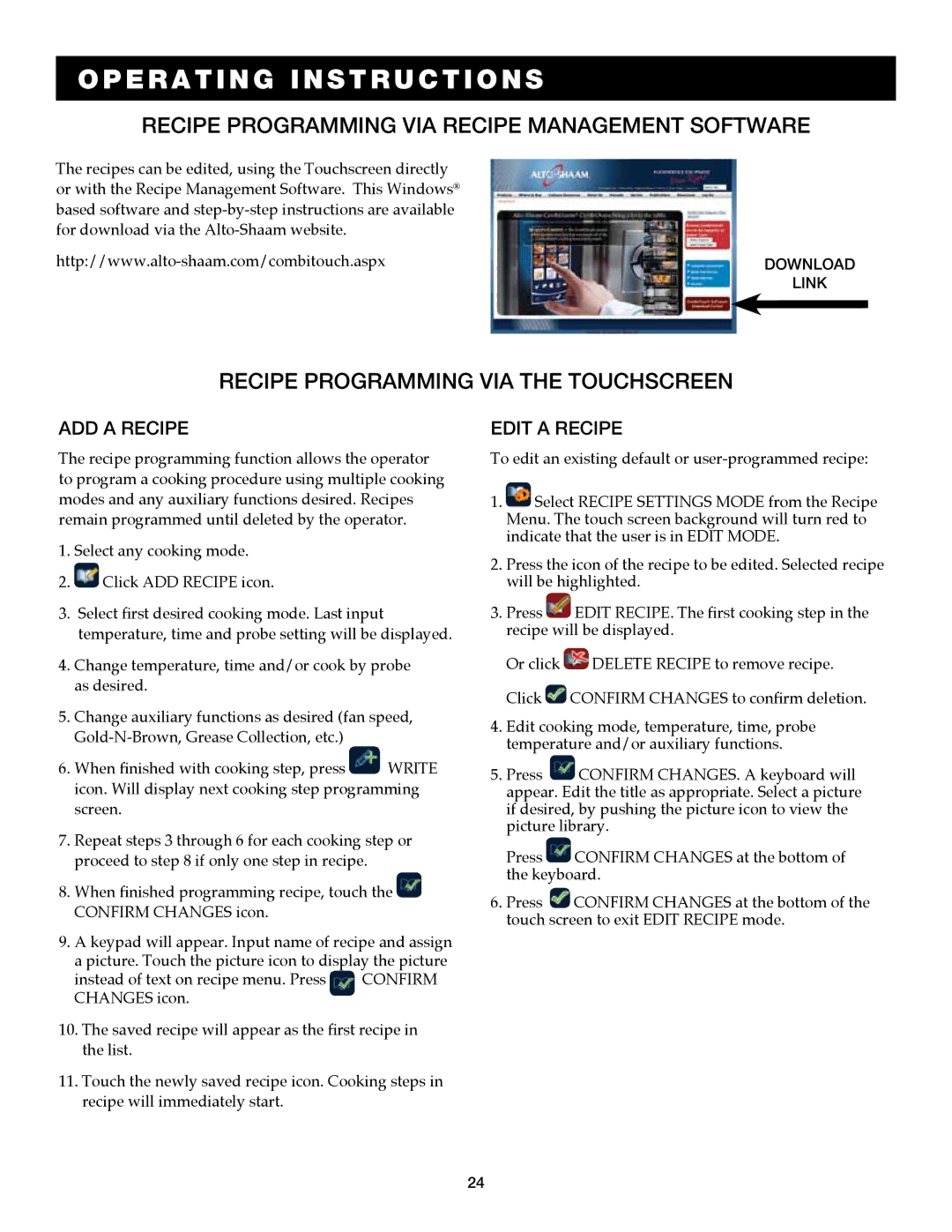 Alto-Shaam 7.14es CombiTouch Recipe programming via recipe management software, Recipe programming via the touchscreen 