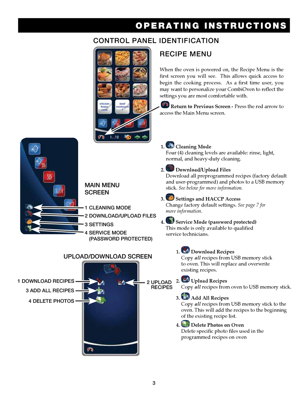 Alto-Shaam 7.14es CombiTouch Control Panel Identification recipe menu, Main Menu screen, Upload/download screen 