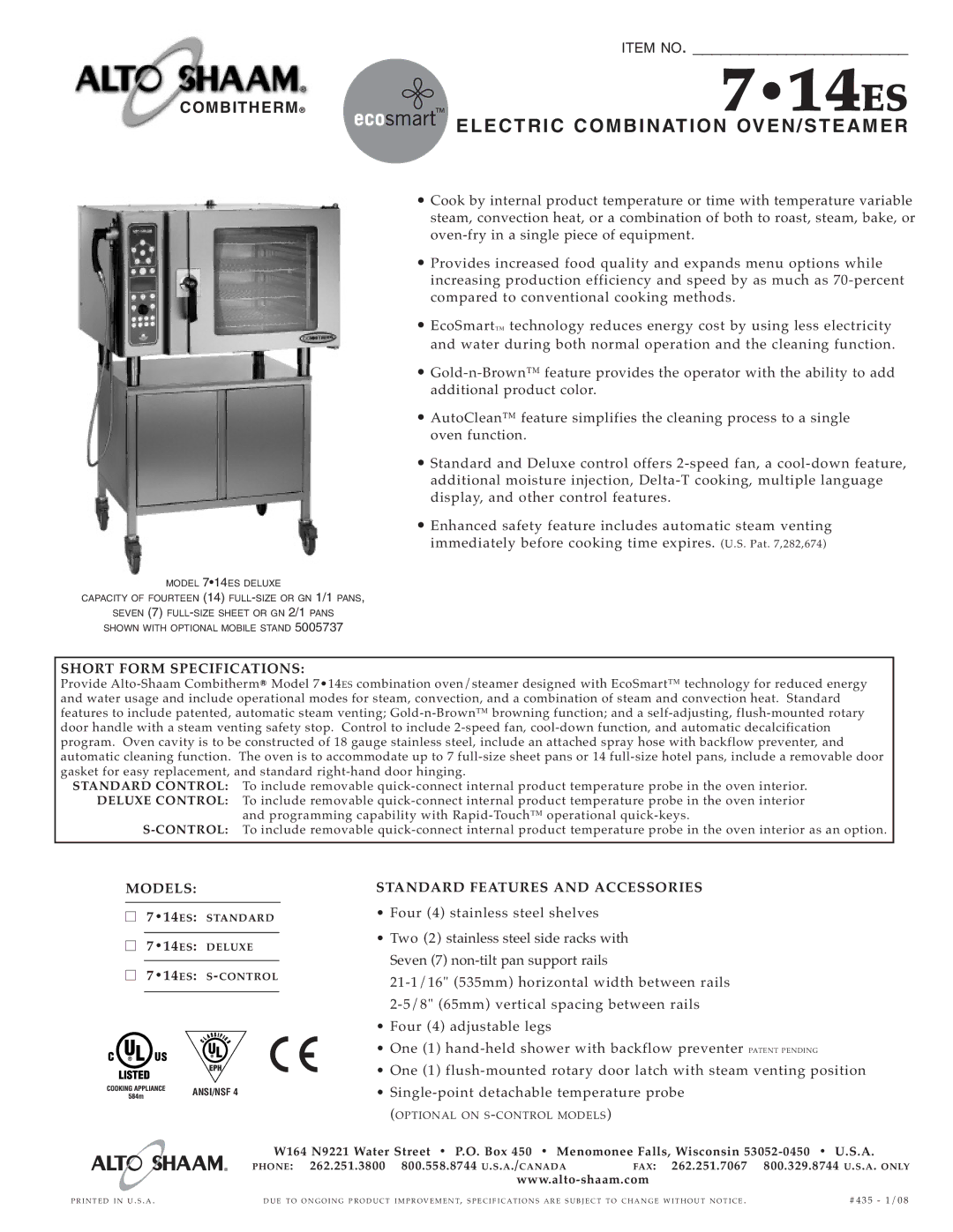 Alto-Shaam 7.14es specifications Elect RIC Combina Tion OVEN/S Teame R, Short Form Specifi Cations, Models 