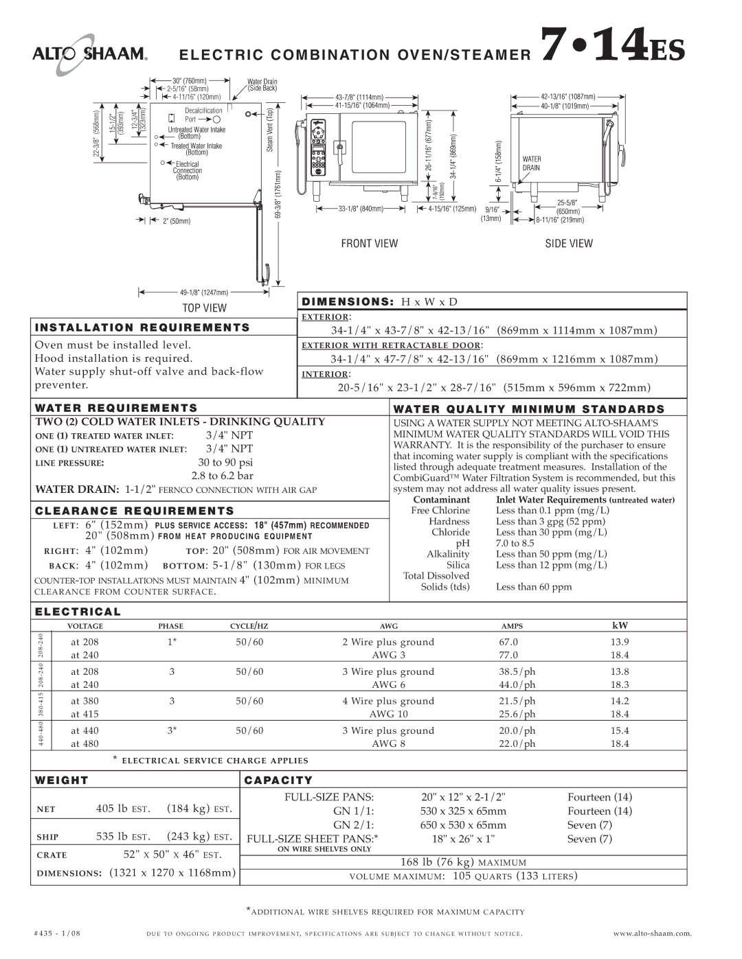 Alto-Shaam 7.14es specifications EL Ectr IC CO MB Inat ION O VEN/STEAMER 714ES 