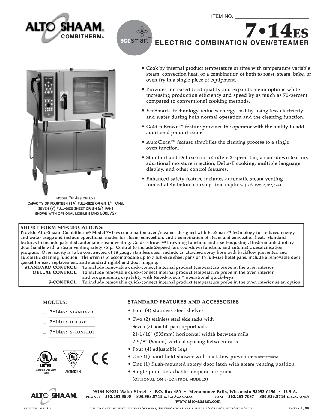 Alto-Shaam 7.14es specifications 714ES, Elect Ric Combina Tion, Oven/S Teame R, Item No, Combitherm 