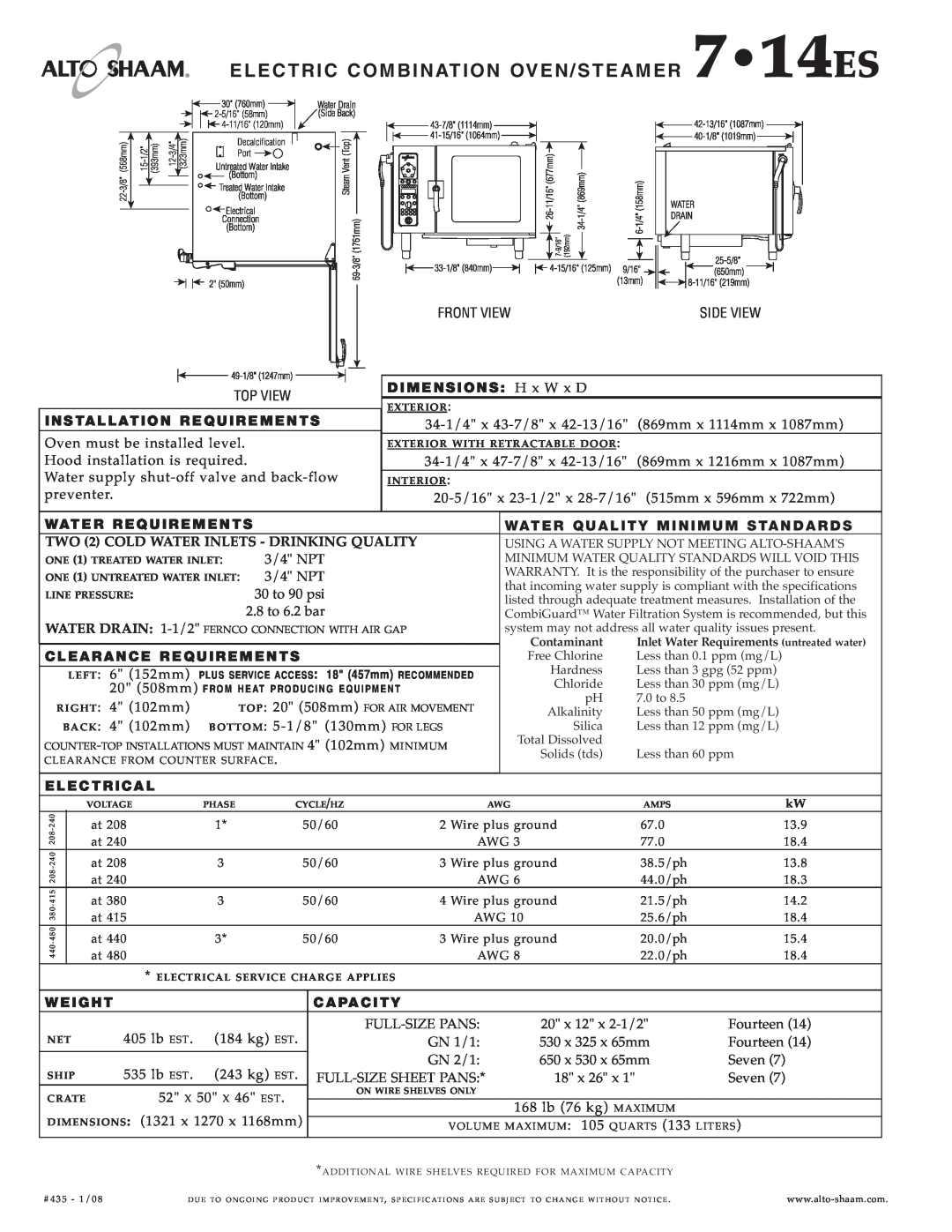 Alto-Shaam 7.14es specifications EL ECTR IC CO MB INAT ION O VEN/STEAMER 714ES 