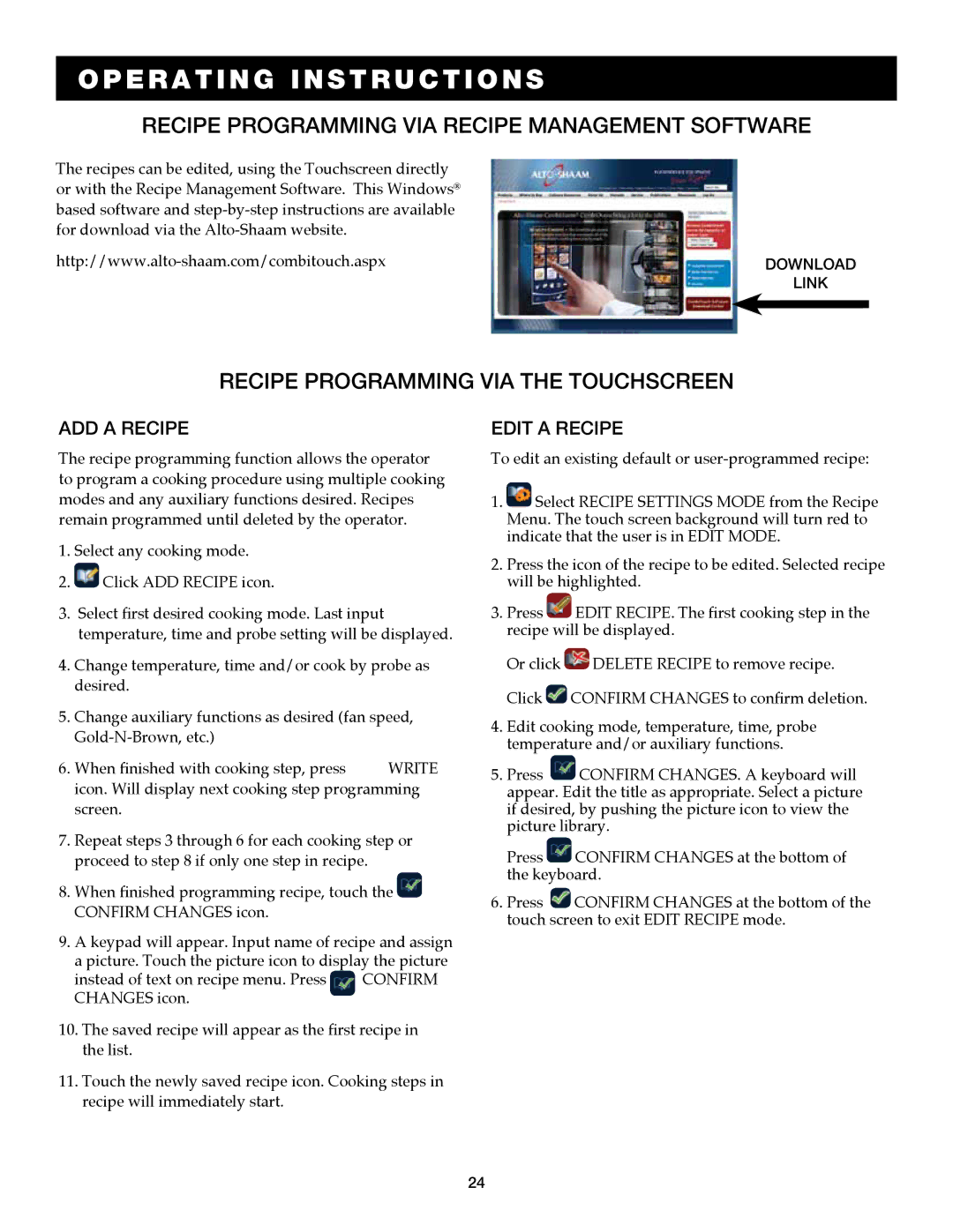 Alto-Shaam 7.14ESG Recipe programming via recipe management software, Recipe programming via the touchscreen, Add a recipe 