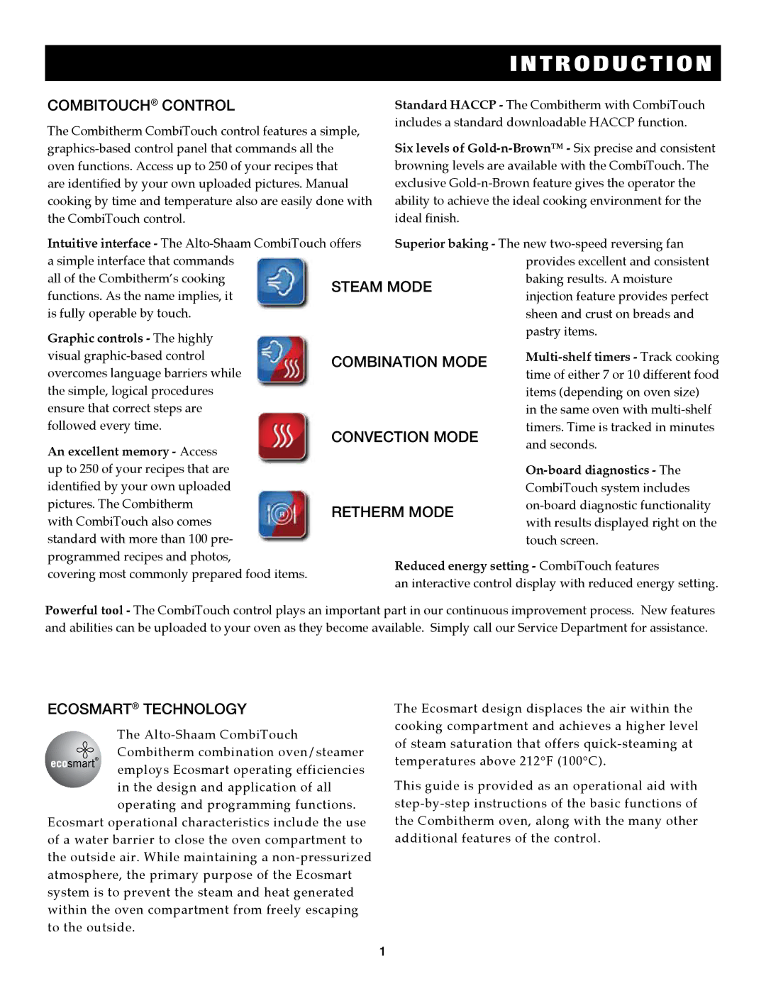 Alto-Shaam 7.14es, 7.14ESG operation manual Combitouch control, Ecosmart technology 