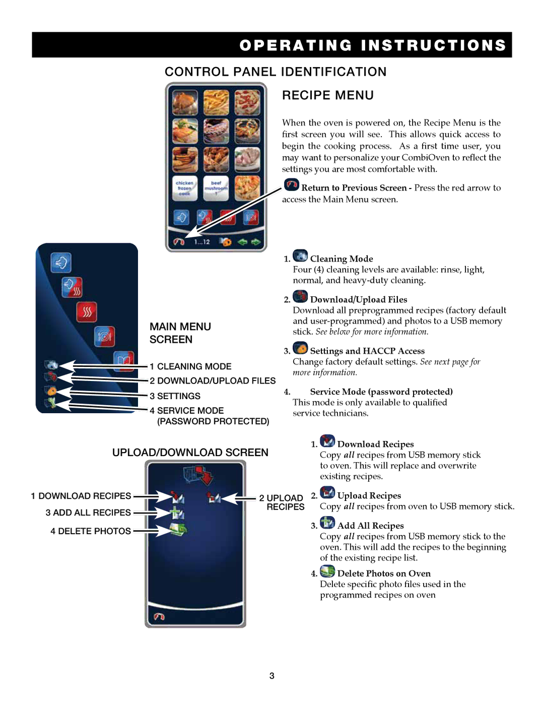 Alto-Shaam 7.14es, 7.14ESG Control Panel Identification recipe menu, Main Menu screen, Upload/download screen 