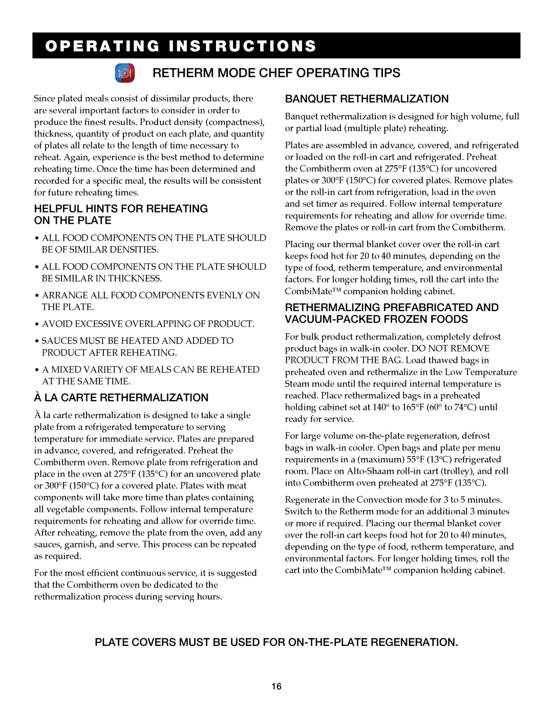 Alto-Shaam 7.14ESG, 7.14es operation manual Retherm mode chef operating tips, La carte Rethermalization 