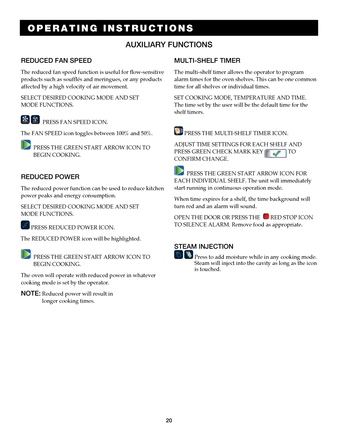 Alto-Shaam 7.14ESG, 7.14es operation manual Reduced fan speed, Reduced power, Multi-Shelf Timer, Steam injection 