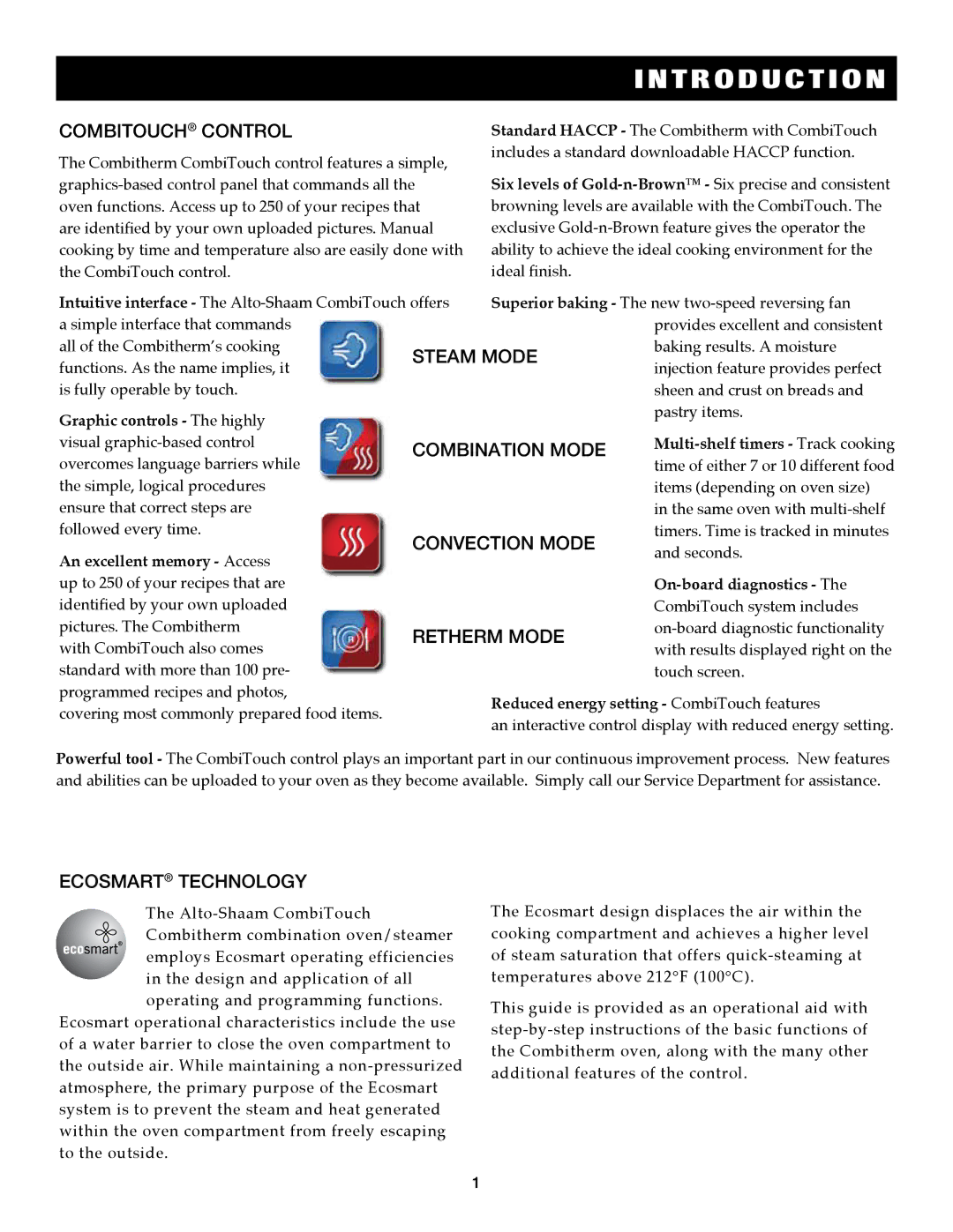 Alto-Shaam 7.14es, 7.14ESG Combitouch control, Ecosmart technology, Reduced energy setting CombiTouch features 