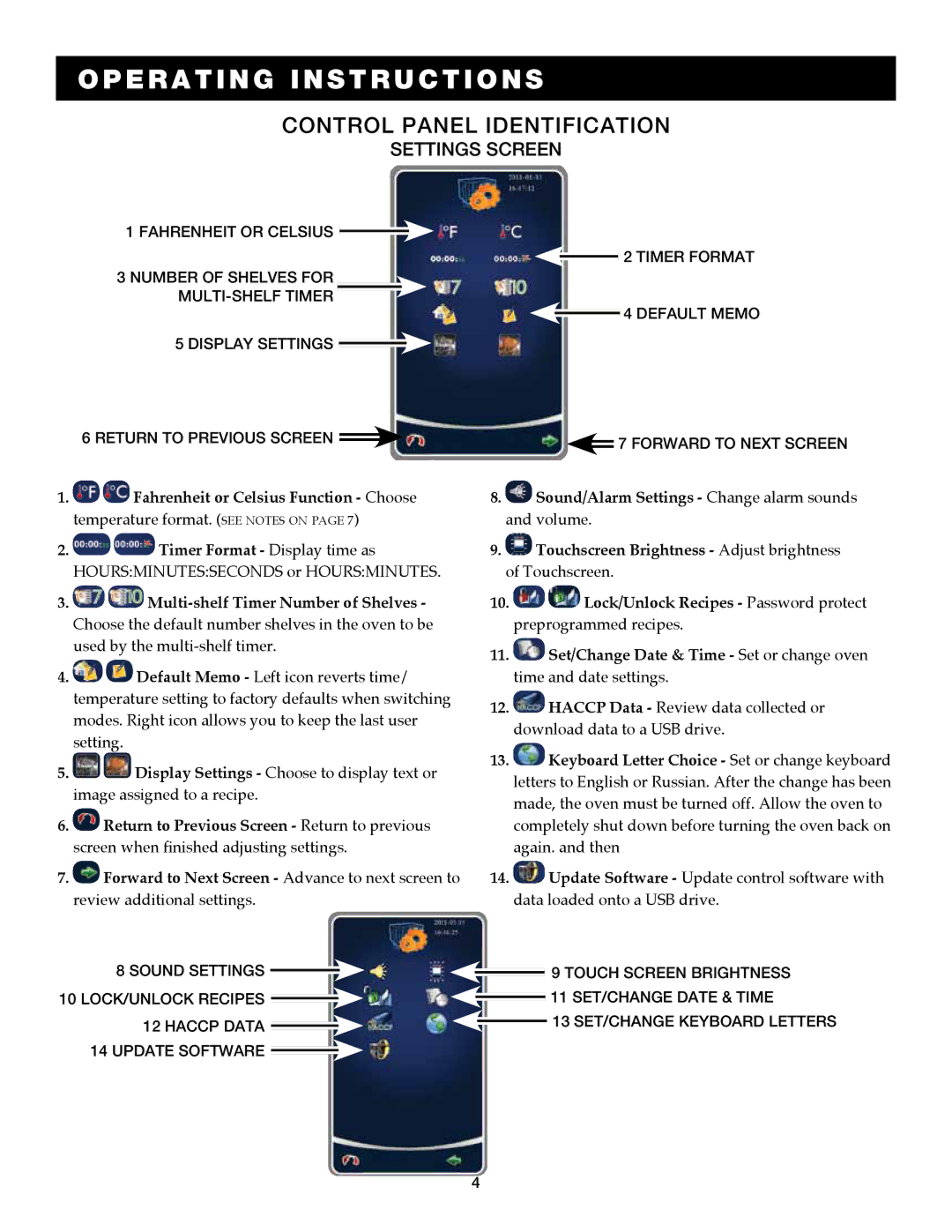 Alto-Shaam 7.14ESG, 7.14es operation manual Control Panel Identification, Settings screen 