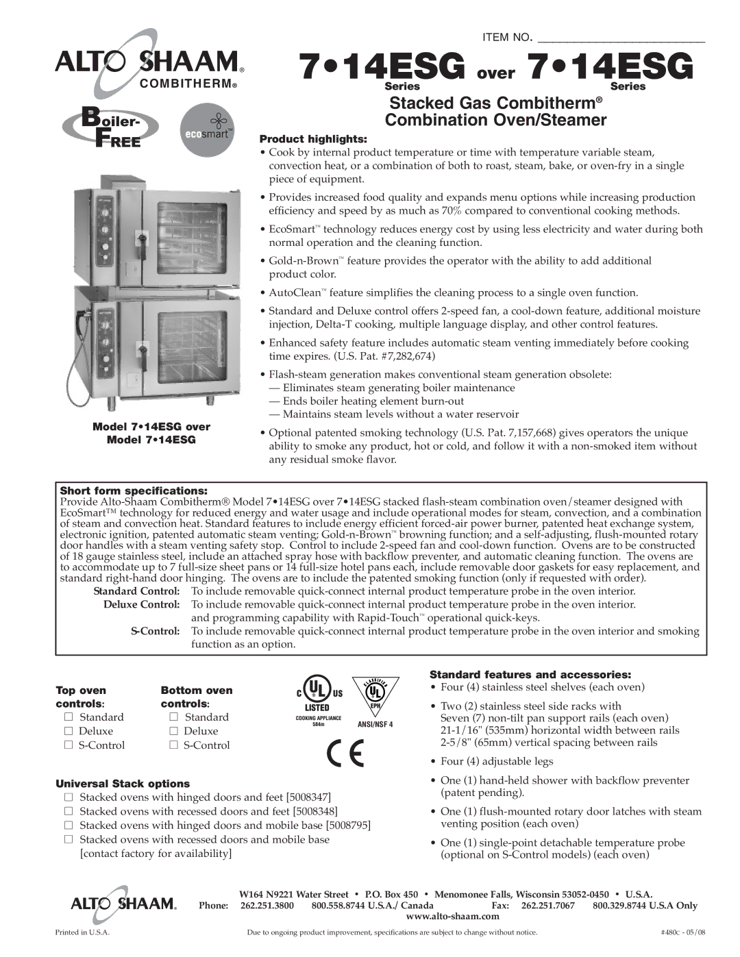 Alto-Shaam 7.14ESG Over specifications Model 714ESG over, Series, Top oven Bottom oven, Controls 