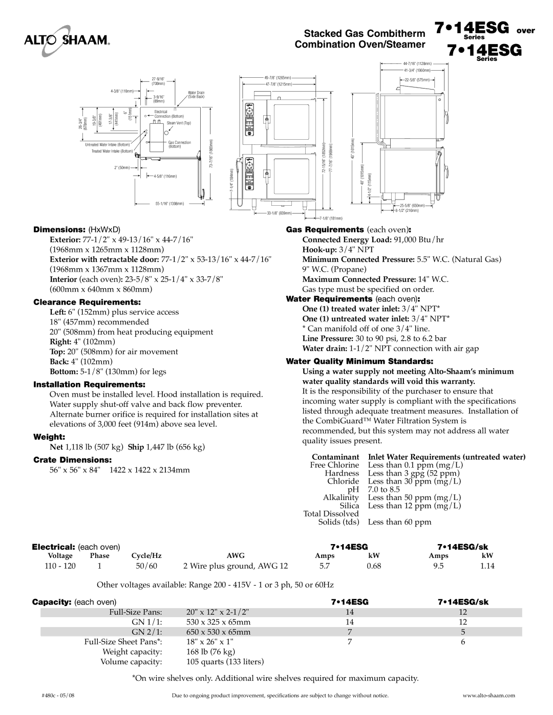 Alto-Shaam 7.14ESG Over Connected Energy Load 91,000 Btu/hr, Dimensions HxWxD Gas Requir ments, Hook-up 3/4 NPT, Weight 