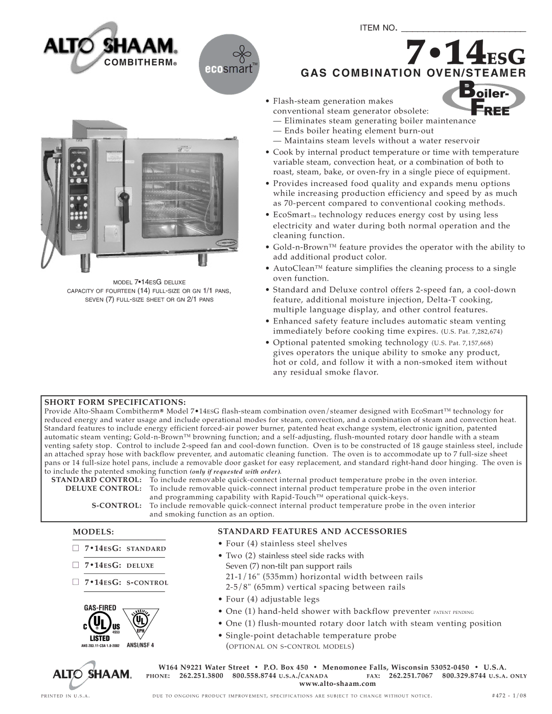 Alto-Shaam 7.14ESG specifications GAS COM Bination OVEN/S TE AME R, Optio nal pat ented smoking, Short Form Specifications 