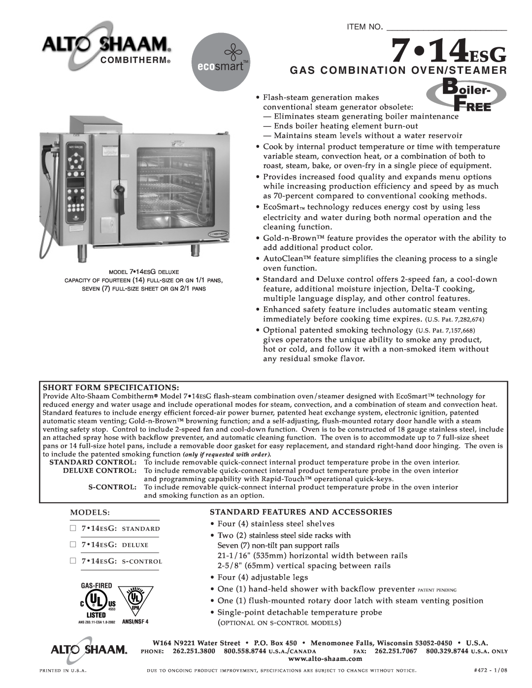 Alto-Shaam 7.14ESG specifications 714ESG, Gas Com Bination Oven/S Te Ame R, Item No, Combitherm 