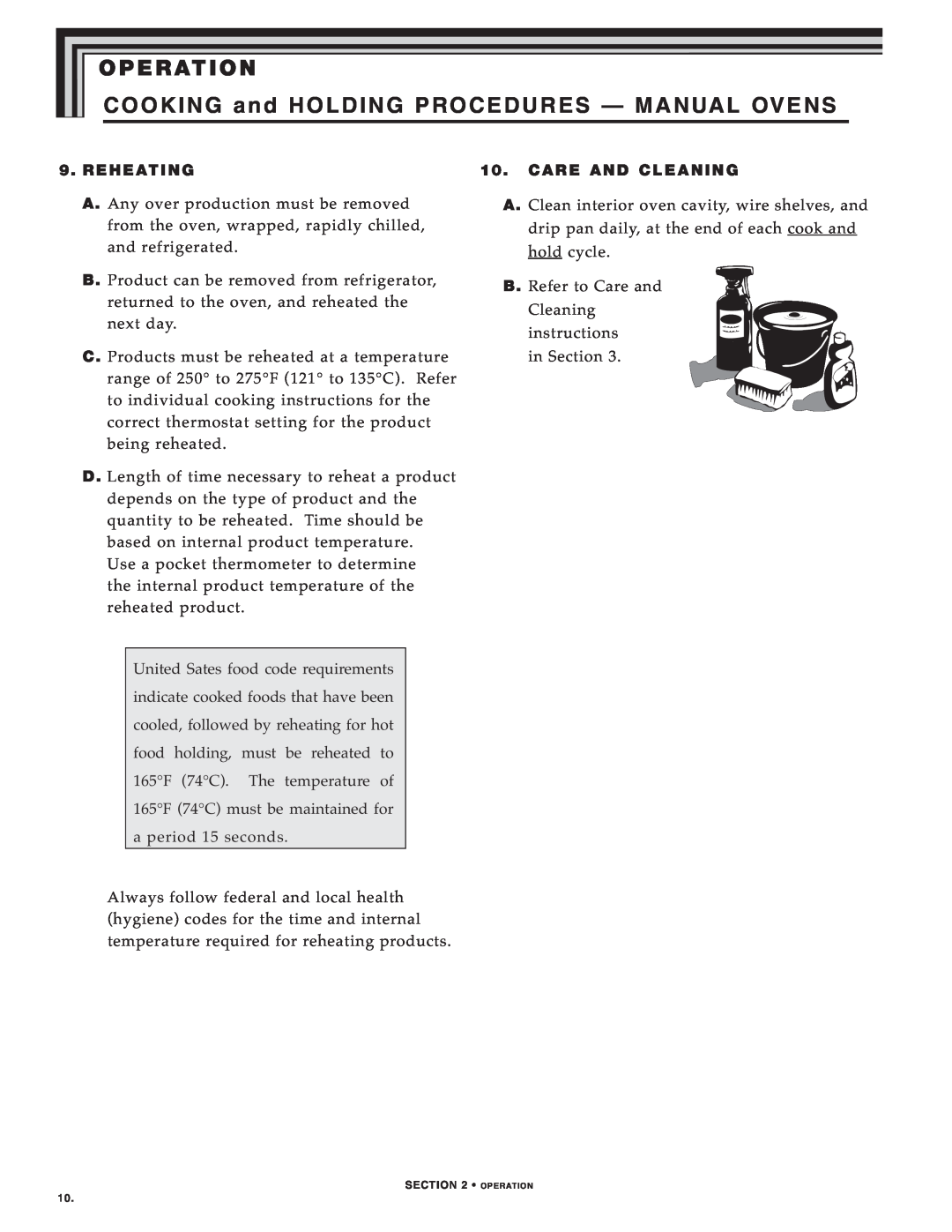 Alto-Shaam 750, 500 manual Rehea Ting, Ca Re And Cl Eaning, O P E R At I O N, COOKING and HOLDING PROCEDURES - MANUAL OVENS 