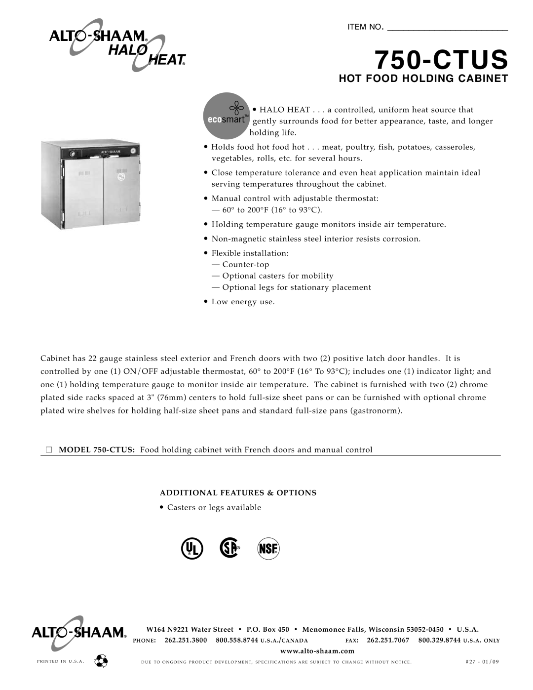 Alto-Shaam 750-CTUS specifications Ctus, Fax 