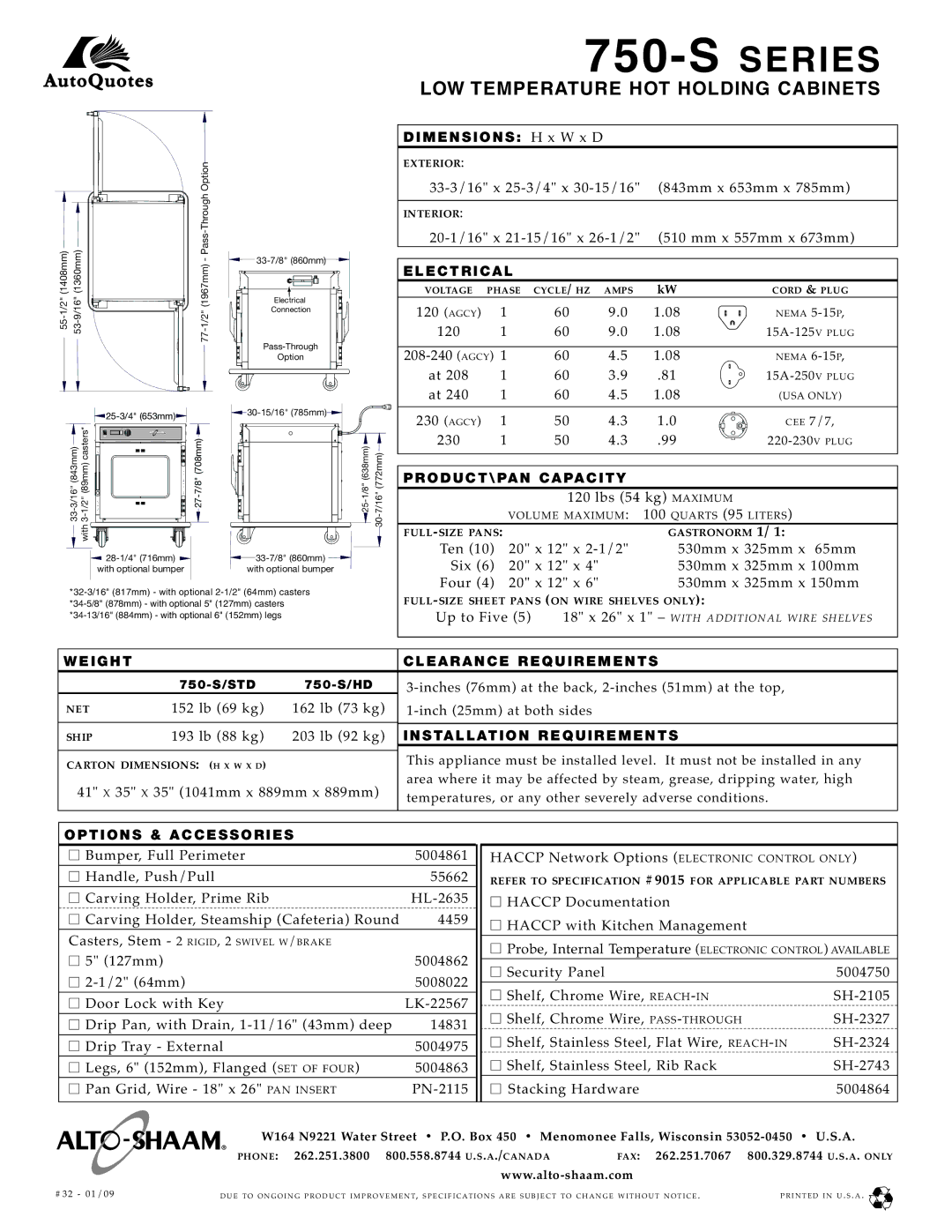 Alto-Shaam 750-S SERIES EL E C T R I C a L, PRODUCT\PAN Capacity, Weight Clearance Requirements, Installation Requirements 