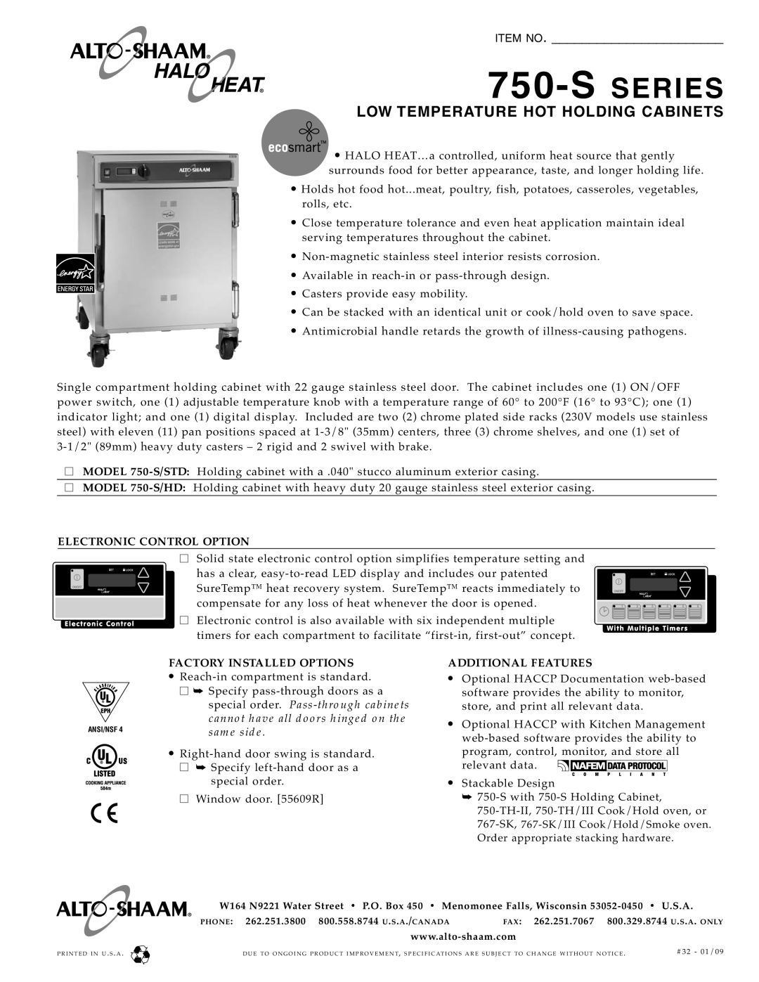 Alto-Shaam 750-S SERIES specifications S Series, Low Temperature Hot Holding Cabinets, Electronic Control Option, Item No 