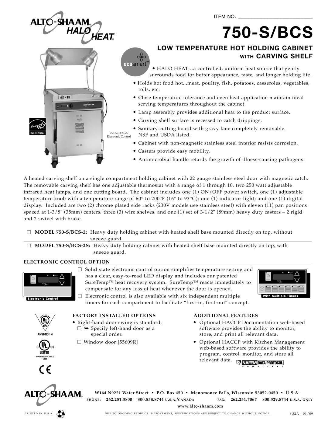 Alto-Shaam 750-S/BCS-2 specifications Electronic Control Option, Factory Installed Options Additional Features 