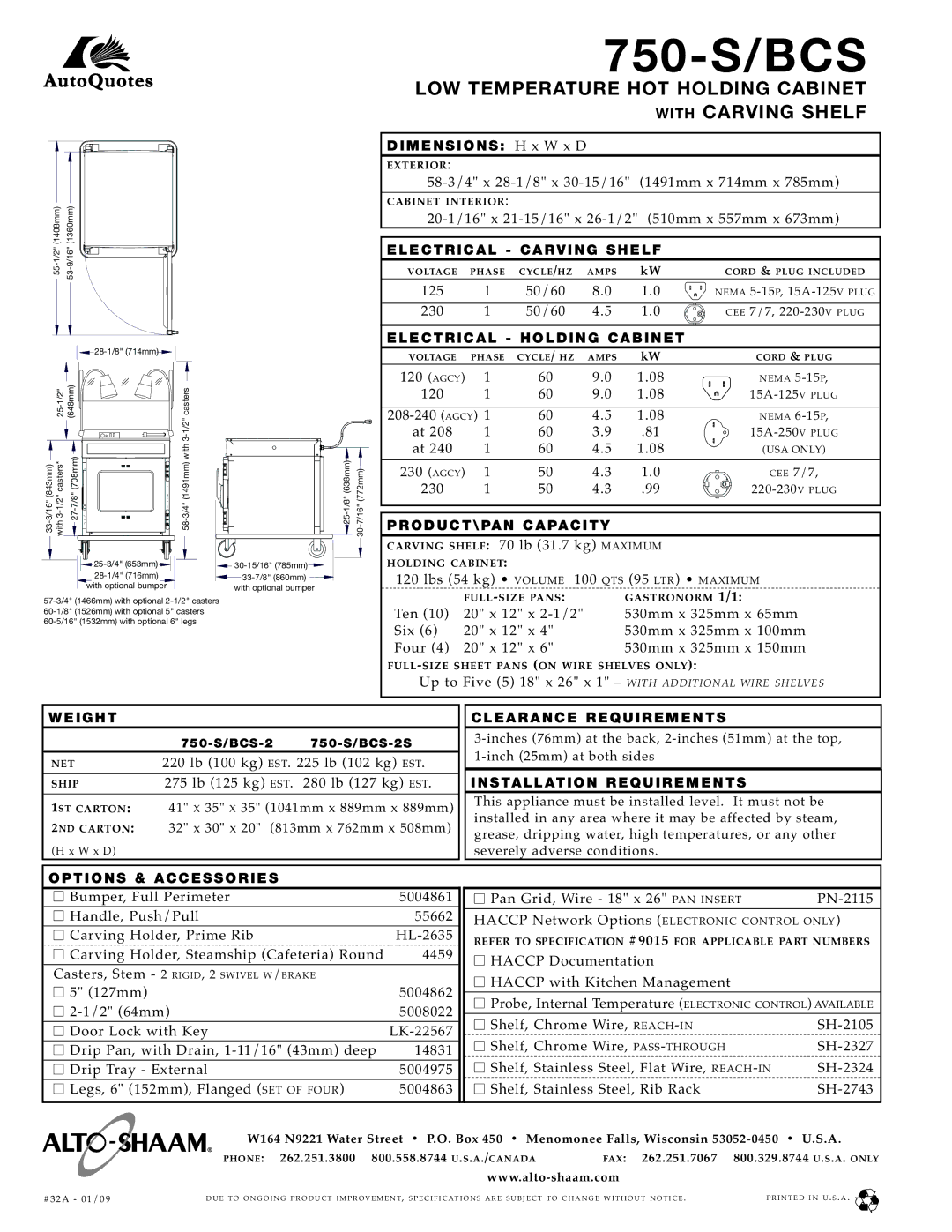 Alto-Shaam 750-S/BCS-2S specifications Electrical Carving Shelf, Electrical Holding Cabinet, PRODUCT\PAN Capacity, Weight 