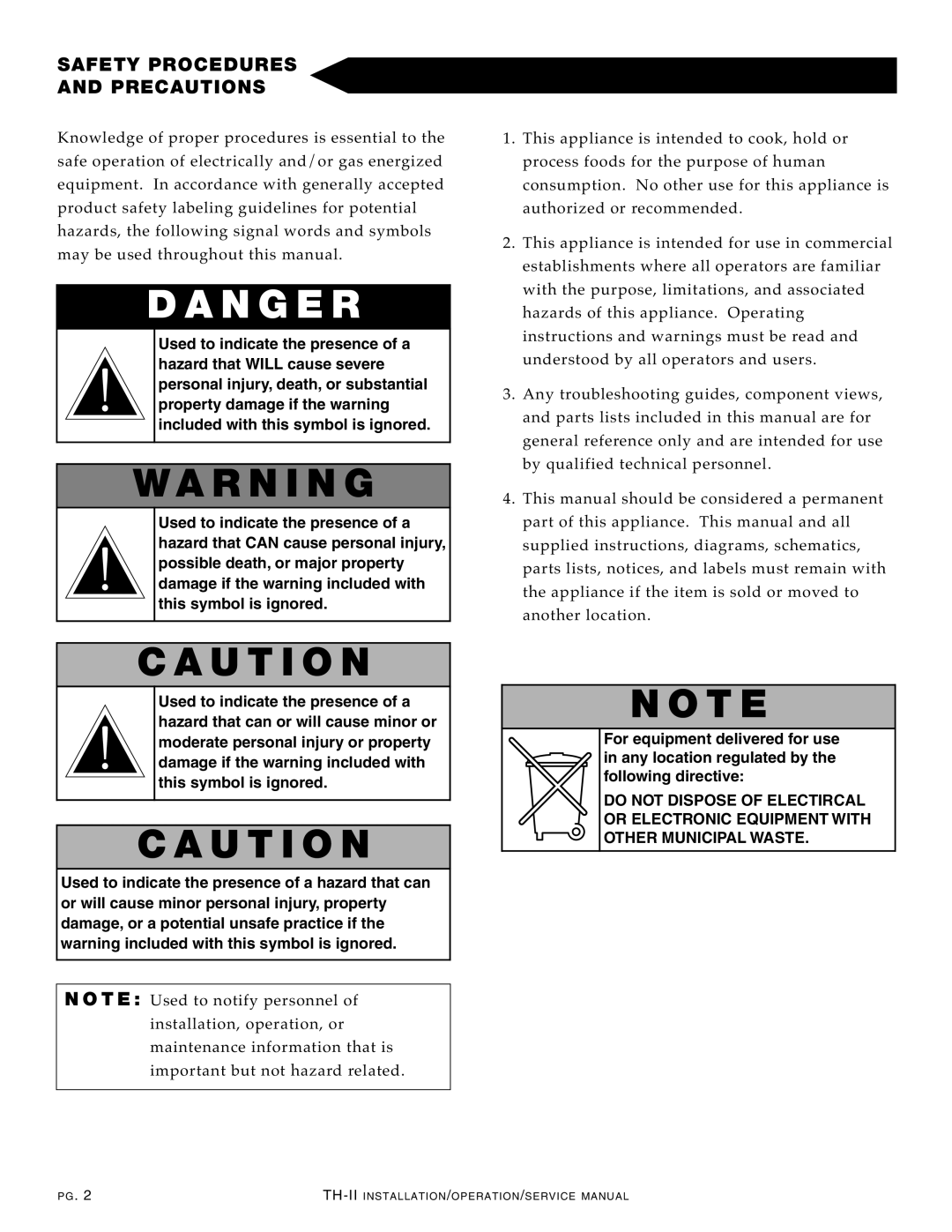 Alto-Shaam 750-TH-II, 1000-TH-II-SPLIT manual Dan Ger, WA Rning, AU TI on, Safety Proc Edures Preca UTI ONS 