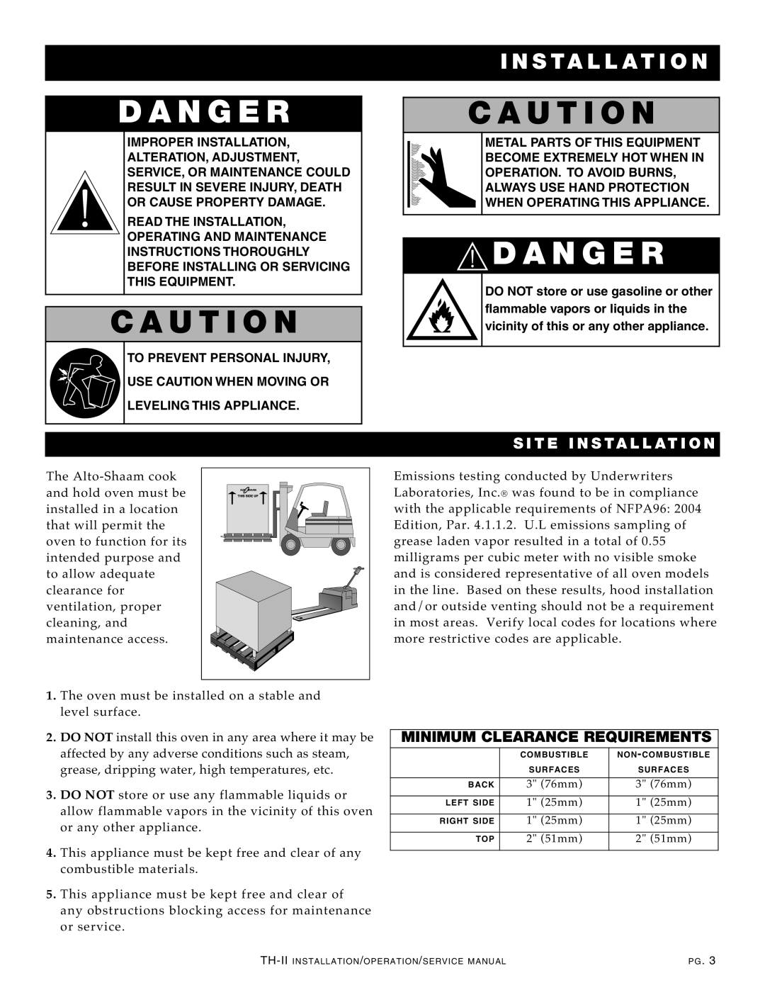 Alto-Shaam 1000-TH-II-SPLIT manual Au Tio N, An Ger, INS Tallatio N, ITE INS TA LL Atio N, Minimum Clearance Requirements 