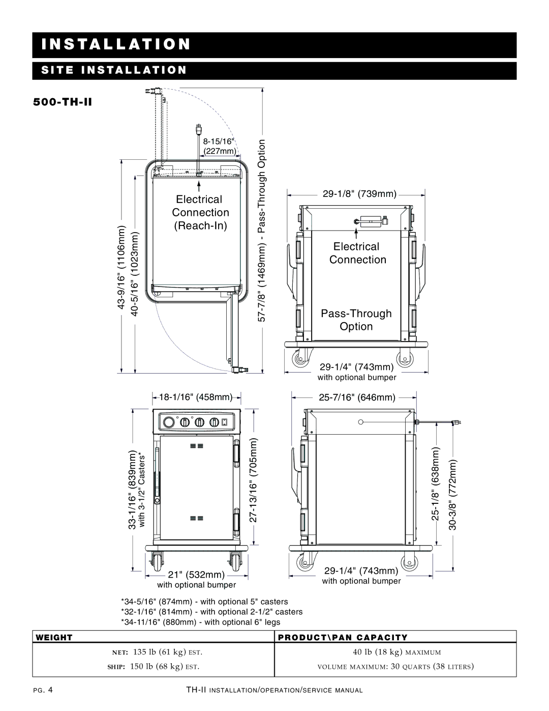 Alto-Shaam 1000-TH-II, 750-TH-II manual INS TAL LAT I on, SI TE INS Tallatio N, Weight PRO DU CT\ PA N CAP Acit Y 