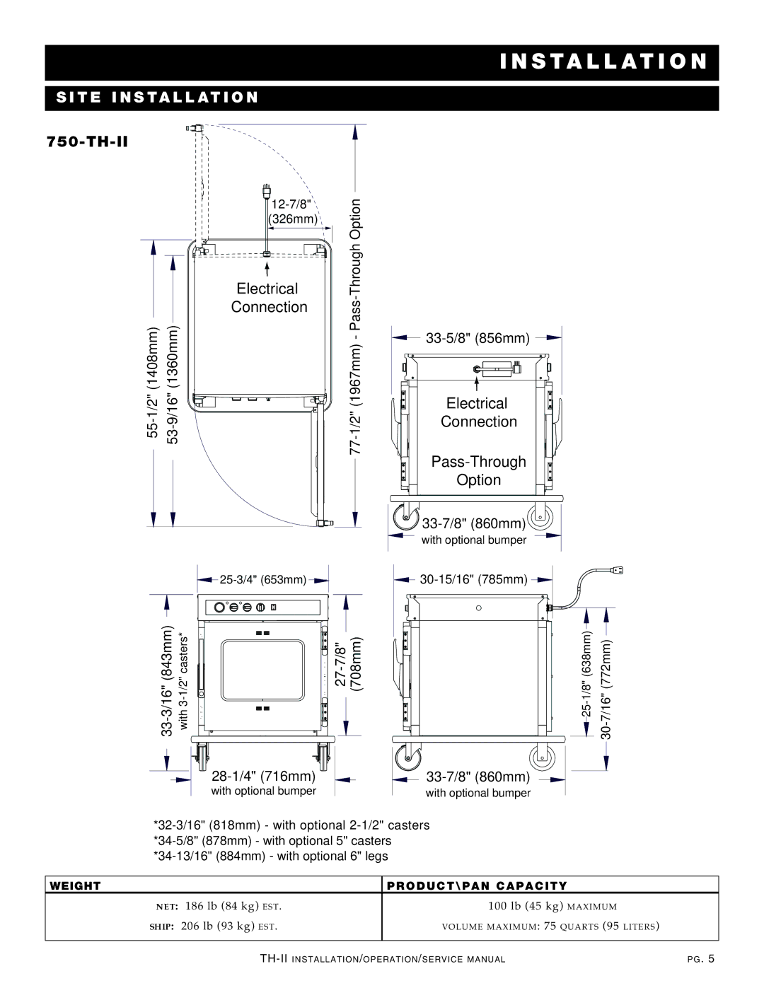 Alto-Shaam 750-TH-II, 1000-TH-II-SPLIT manual Insta Llatio N, SI TE Inst Alla Tion, Weight Prod UCT\ PAN CAP ACI TY 