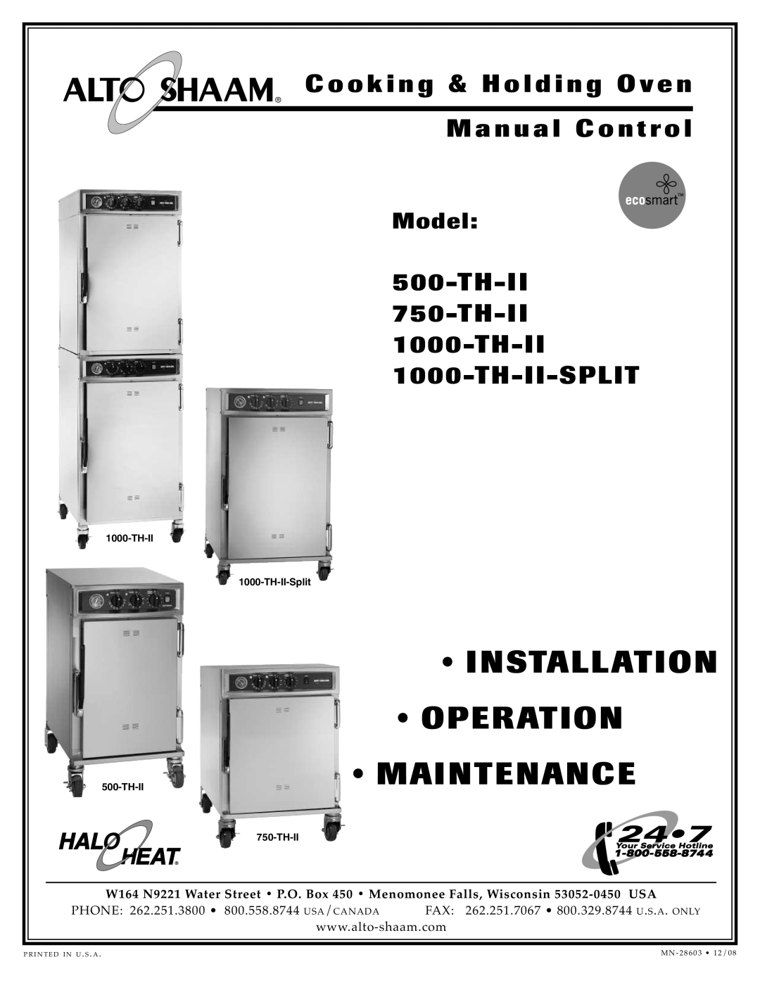 Alto-Shaam 1000-TH-II-SPLIT manual Inst Allat Ion, Oper Ation, Mainte Nance, Coo ki ng & Holding, Oven, Ma nual, Control 