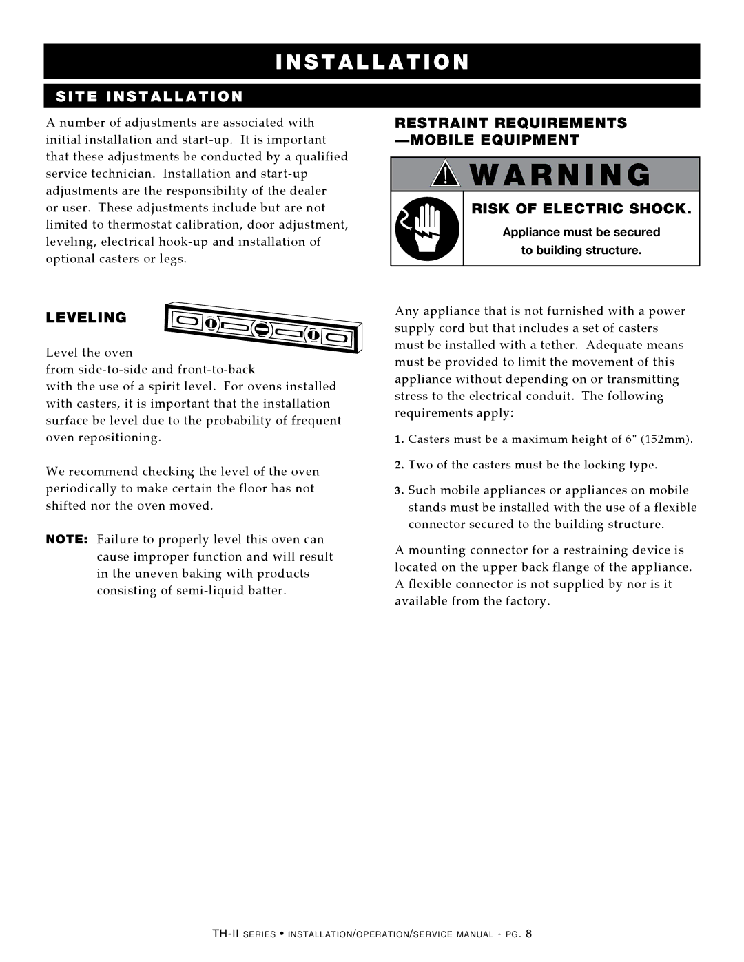 Alto-Shaam 750-TH-II manual RISK of ELEcTrIc SHOcK, Appliance must be secured To building structure 