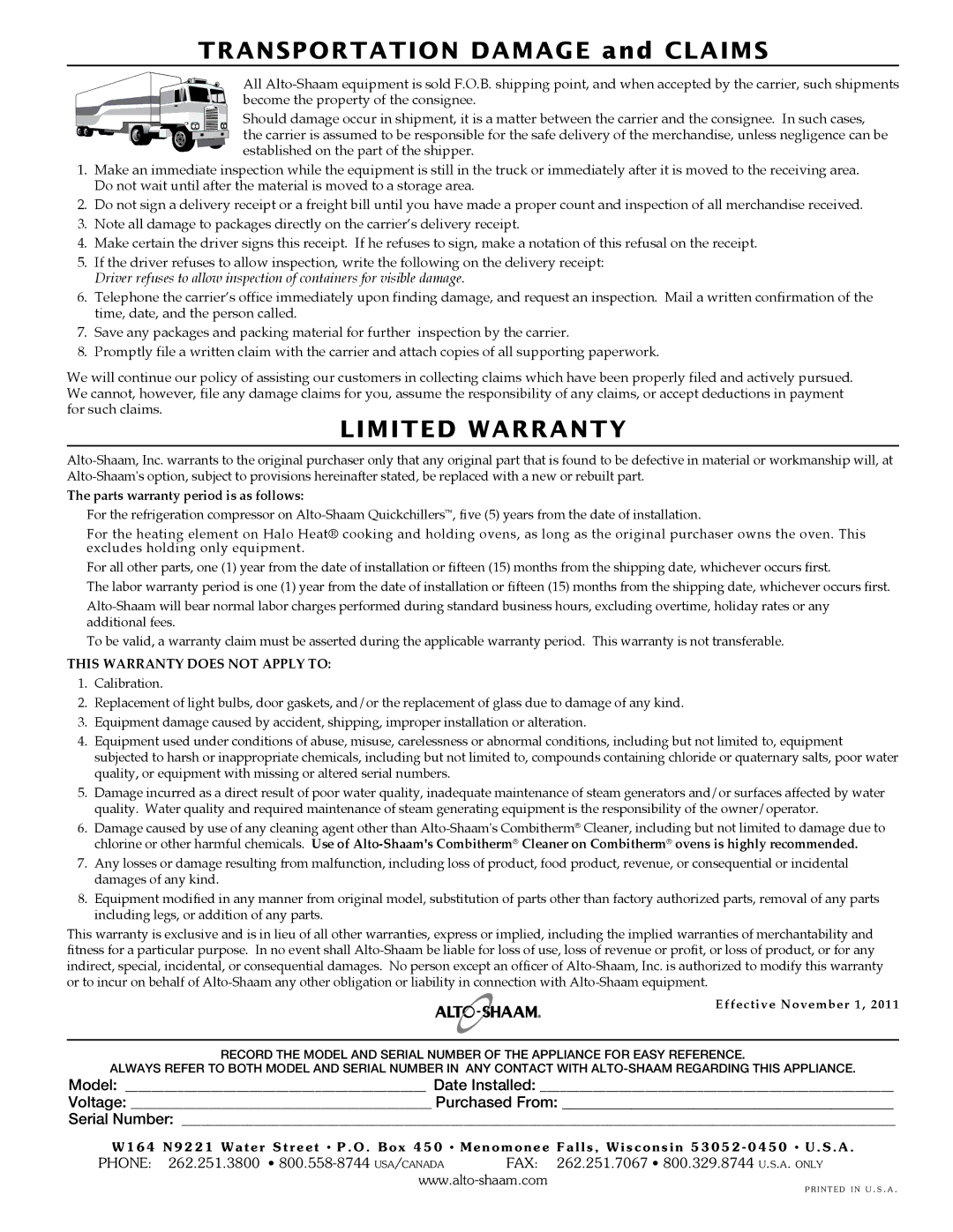 Alto-Shaam 750-TH-II manual Transportation Damage and Claims, Voltage Purchased From 