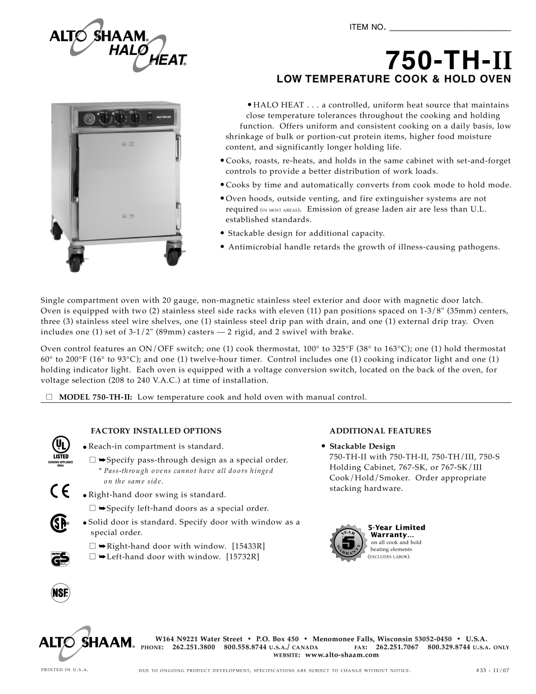 Alto-Shaam 750-TH-II specifications 750- TH, Low Temperature Cook & Hold, Oven, Item No, Factory Installe D Options 