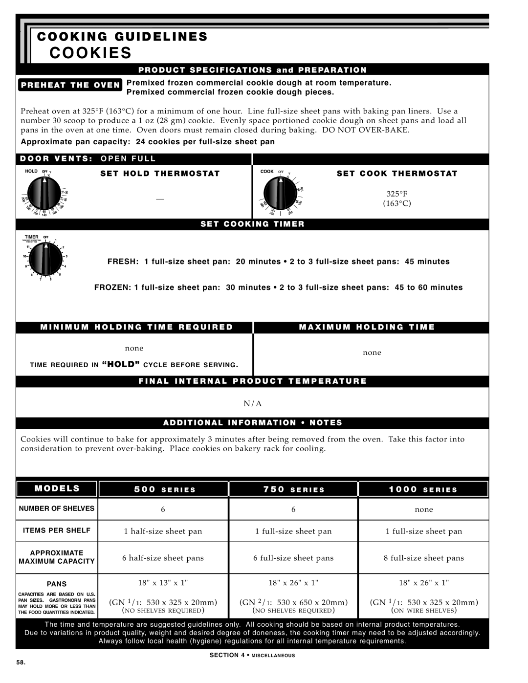 Alto-Shaam 750-TH SERIES, 500-TH SERIES manual Cook IES, Approximate pan capaci ty 24 cookies per full-size sheet pan 