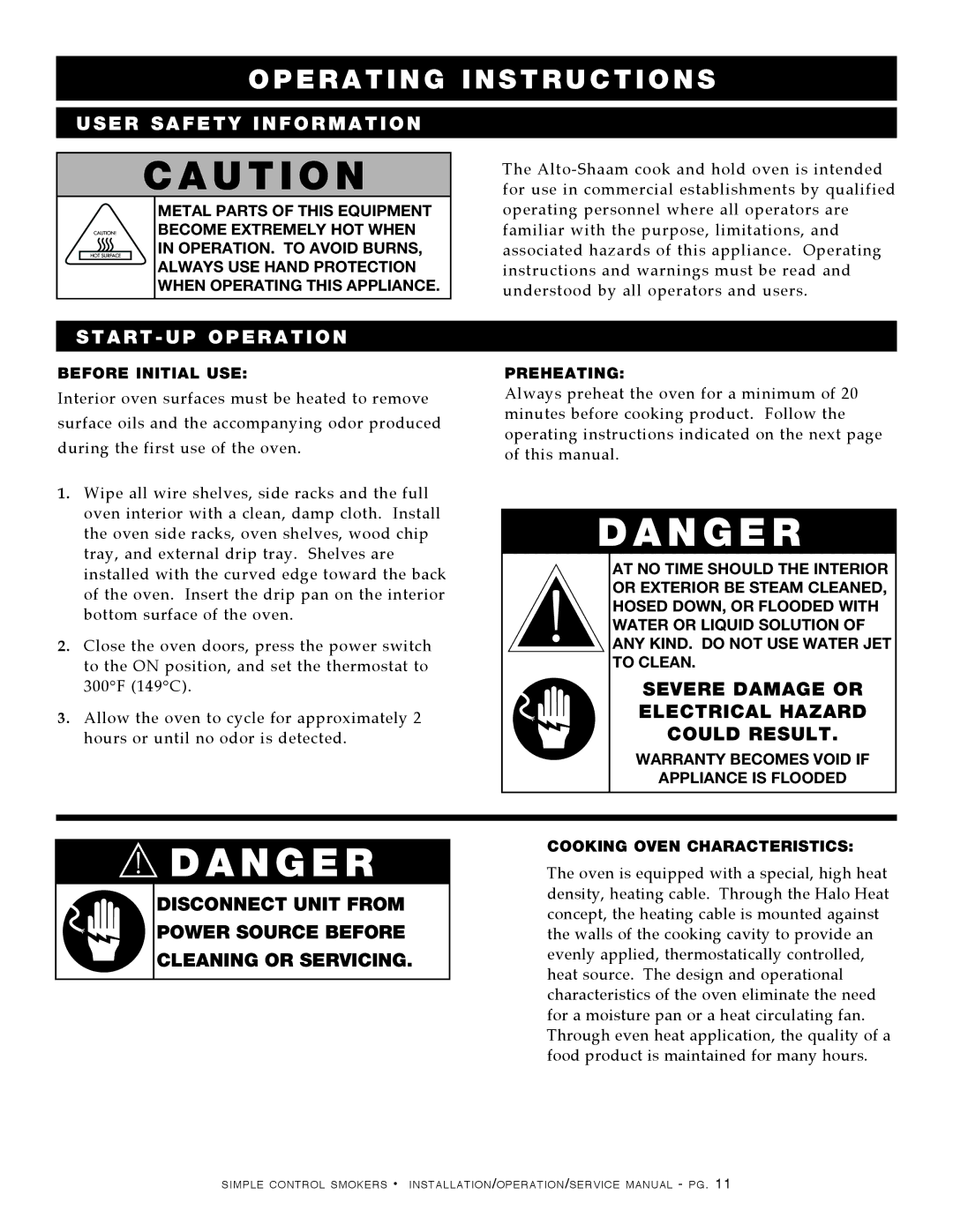 Alto-Shaam 1767-SK, 1000-SK-I User Safety Information, Start UP Operation, Severe Damage or Electrical Hazard Could Result 