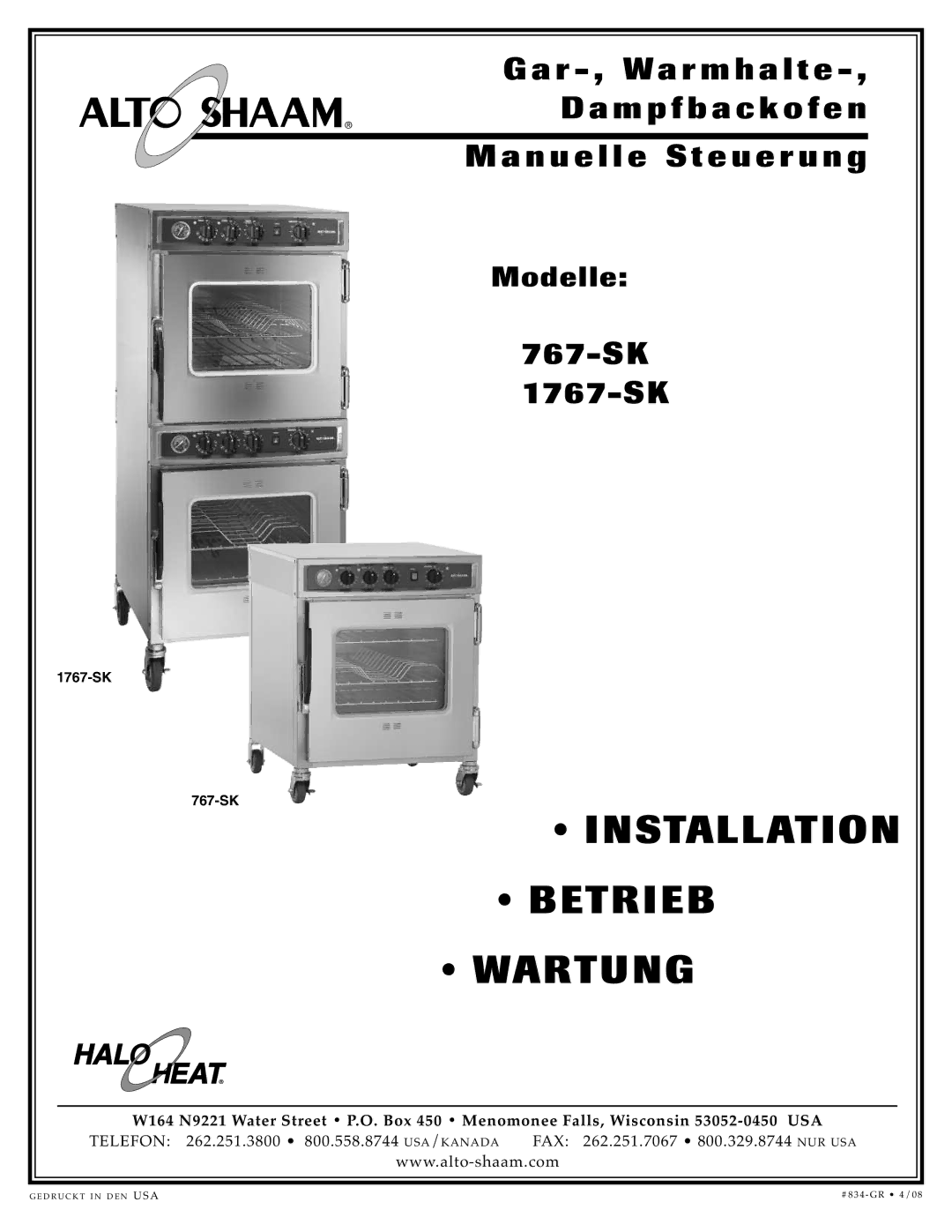 Alto-Shaam 1767-SK manual Stall Atio N, Betri EB Wart UNG 