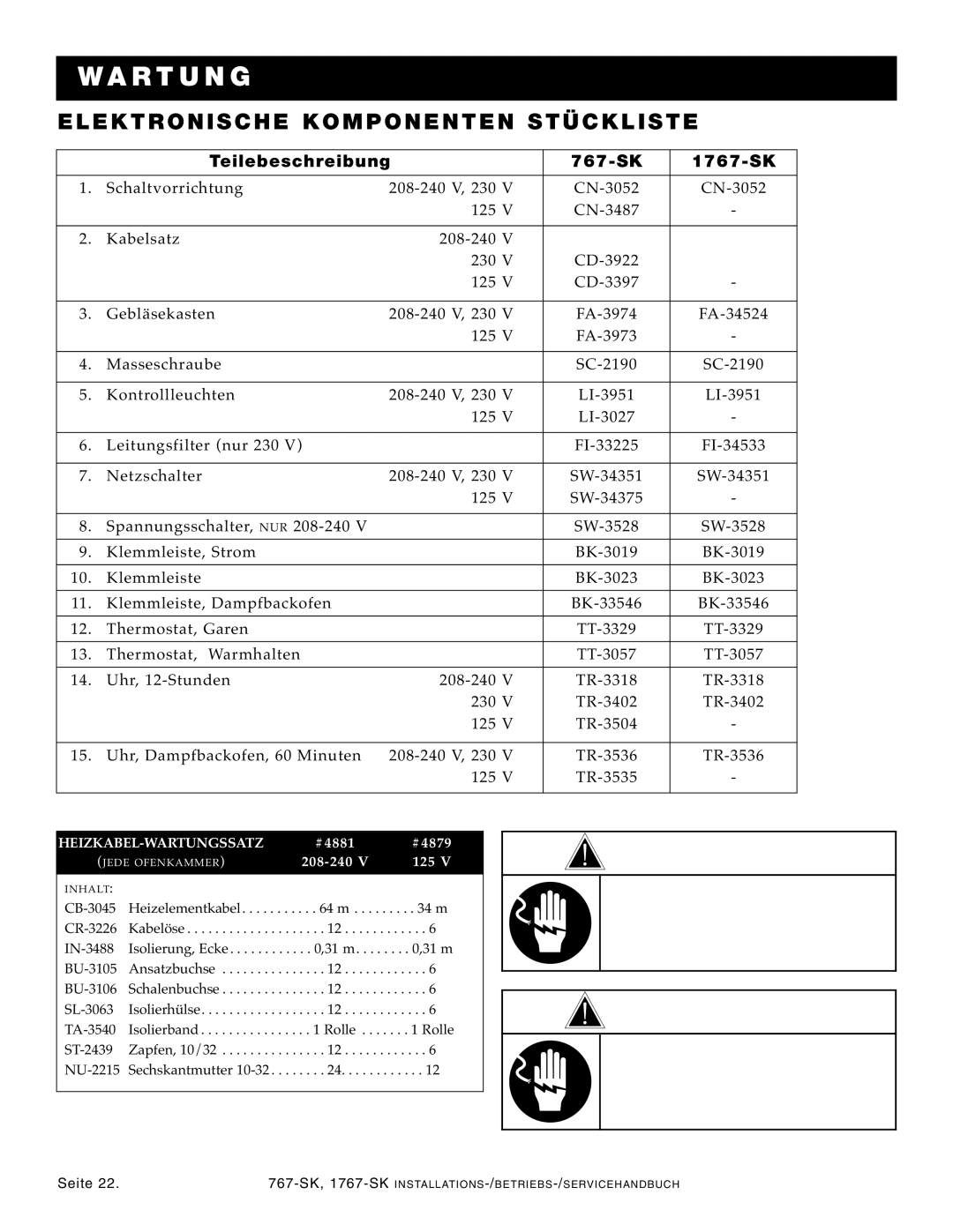 Alto-Shaam 1767-SK manual Fah R, ELE Ktro NIS CHE Komp Onenten Stückliste 