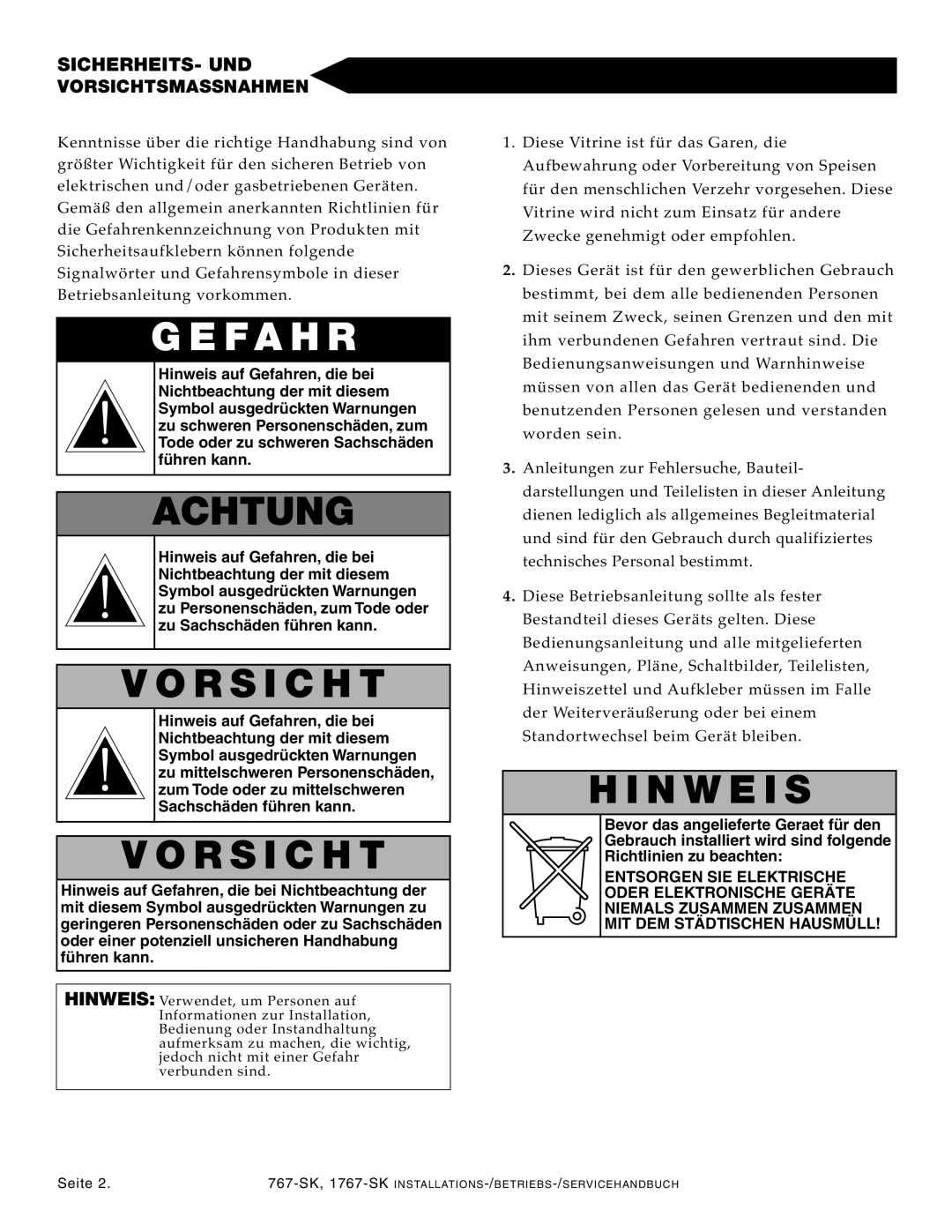 Alto-Shaam 1767-SK manual Ge Fah R, Achtung, Orsic HT, Wei S 