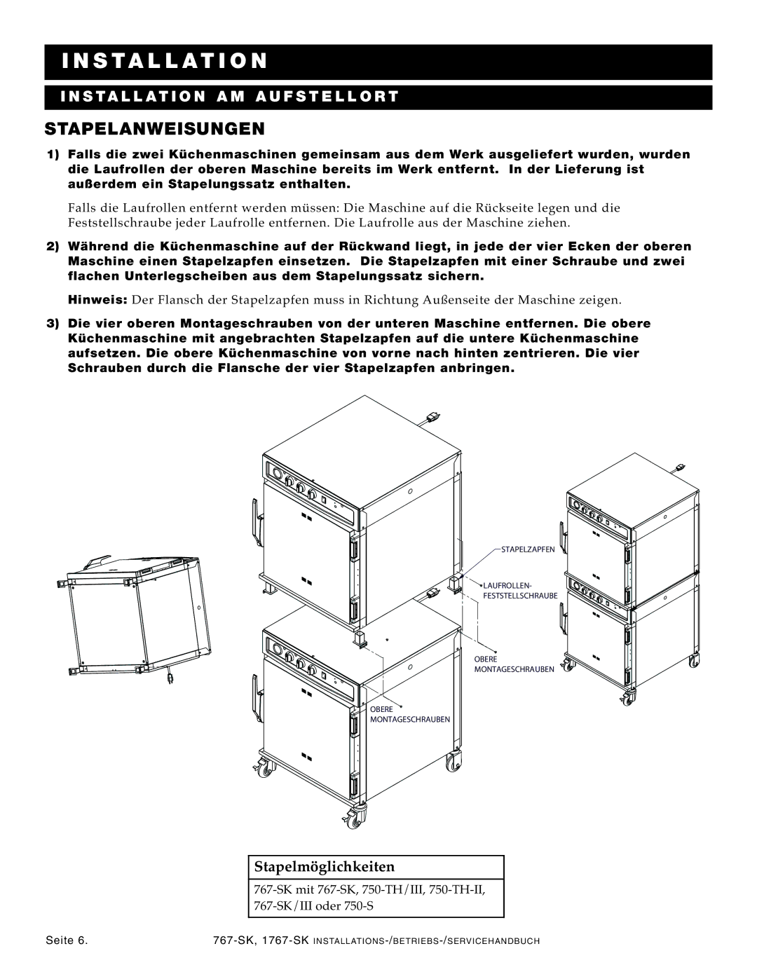 Alto-Shaam 1767-SK manual Install ATI on, Stapelanweisunge N, NS Tallation AM a UF Stel Lort 