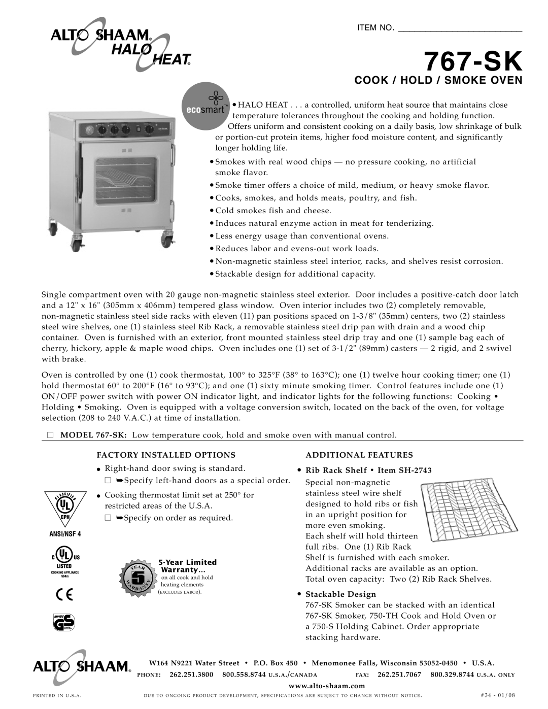 Alto-Shaam 767-SK warranty 767 -SK, Cook / Hold / Smo Ke Oven, Item No, Factory Installed O Ptions, Addit Iona L F Eatures 