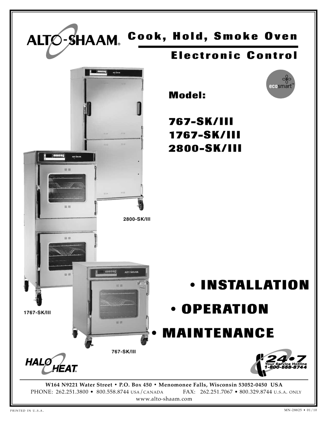 Alto-Shaam 2800-SK/III, 1767-SK/III manual Inst Allatio N, Operation MAI Ntena NCE 