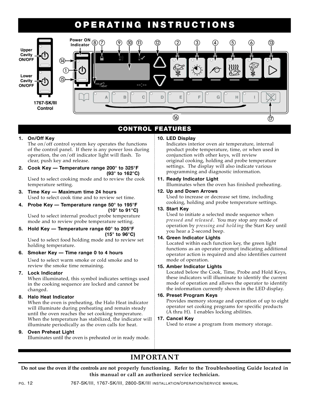 Alto-Shaam 1767-SK/III, 2800-SK/III manual PER ATI NG Inst Ruction, CON Trol Features 