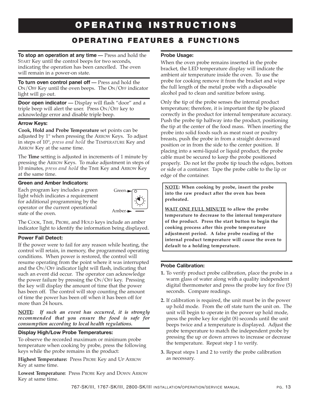 Alto-Shaam 2800-SK/III, 1767-SK/III manual PER ATI NG Inst Ruction S, OPE Rati NG Features FUN CT ION S 