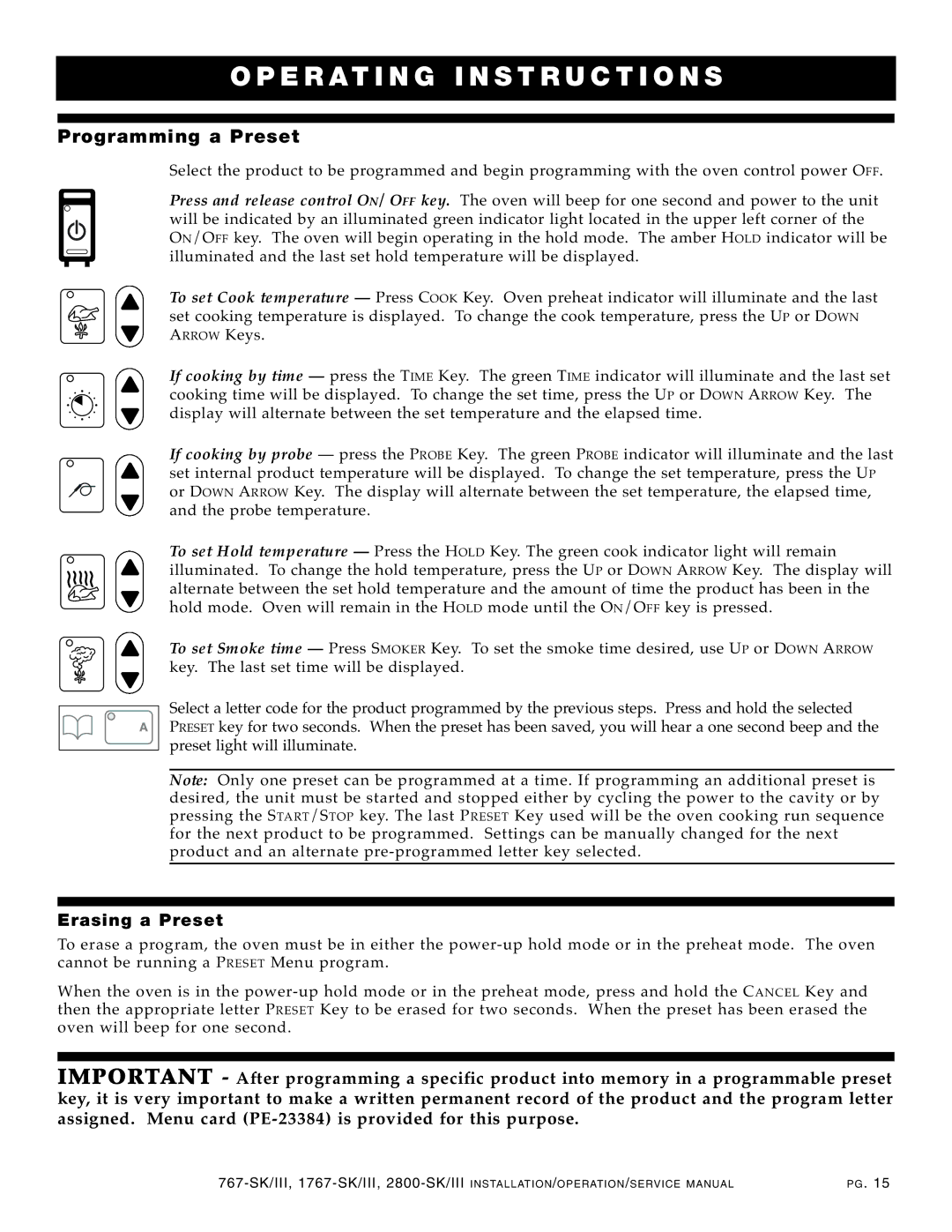 Alto-Shaam 1767-SK/III, 2800-SK/III manual Programmin g a Preset, Erasing a Pres et 