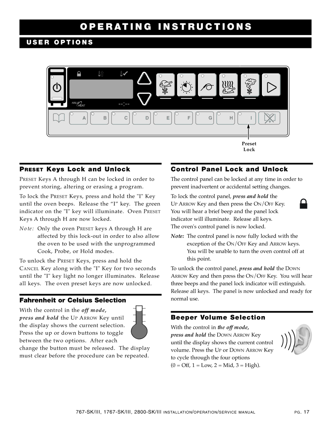 Alto-Shaam 2800-SK/III, 1767-SK/III manual US ER OPT Ions, Prese T Keys Lock and Unlock, Rol Pan el Lock and Unlock 