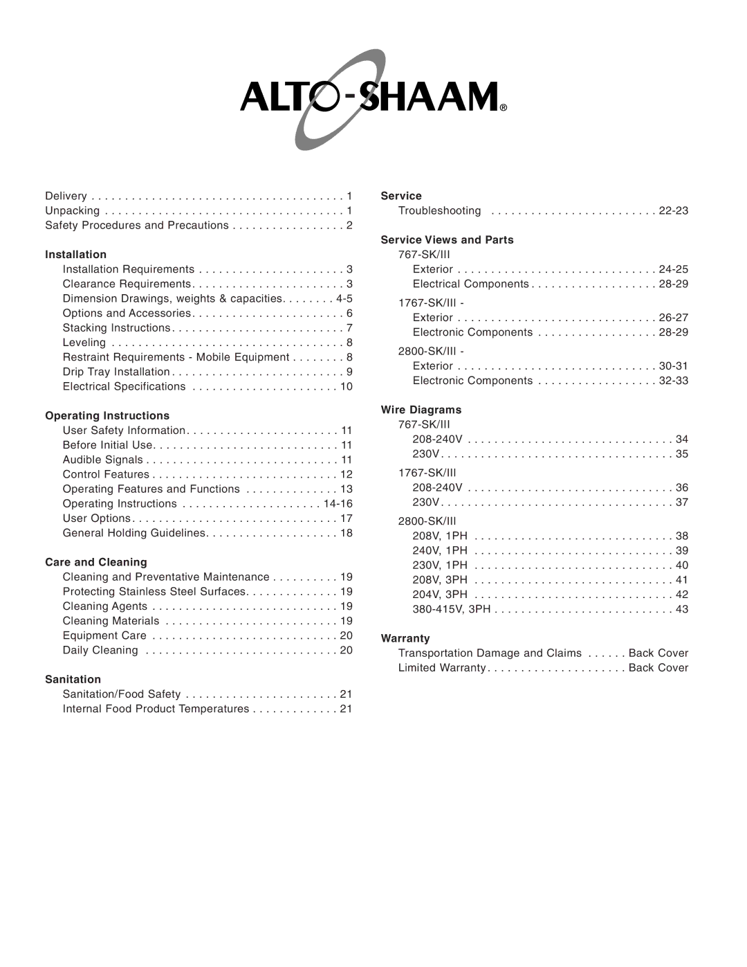 Alto-Shaam 1767-SK/III, 2800-SK/III manual Sanitation 