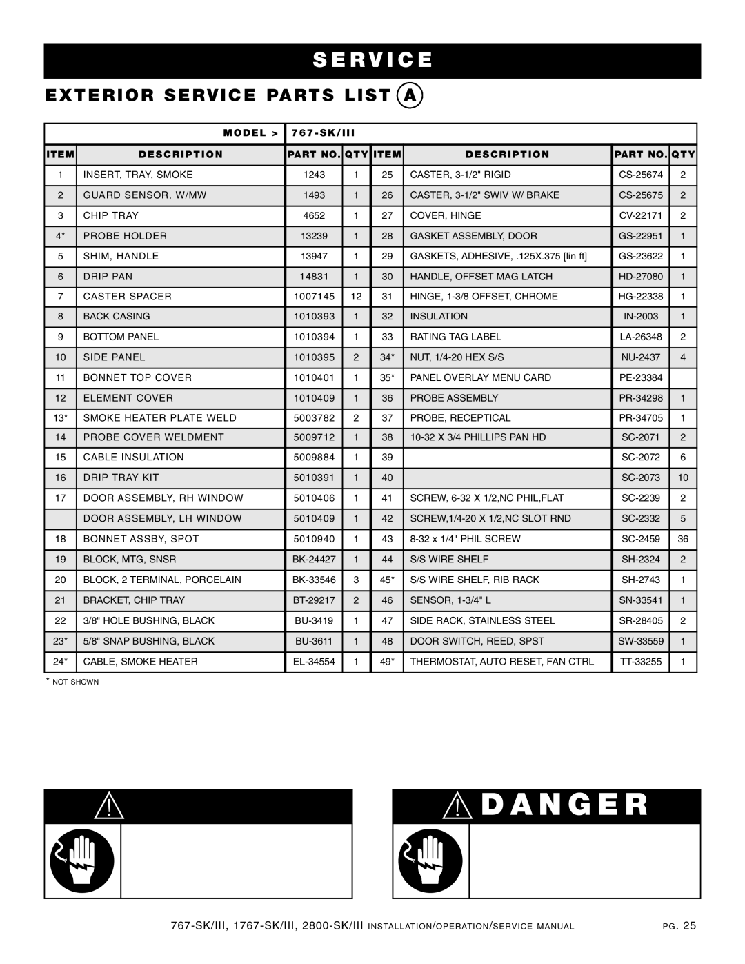 Alto-Shaam 2800-SK/III, 1767-SK/III manual EXT Erio R SER VIC E Parts List, Description QTY 