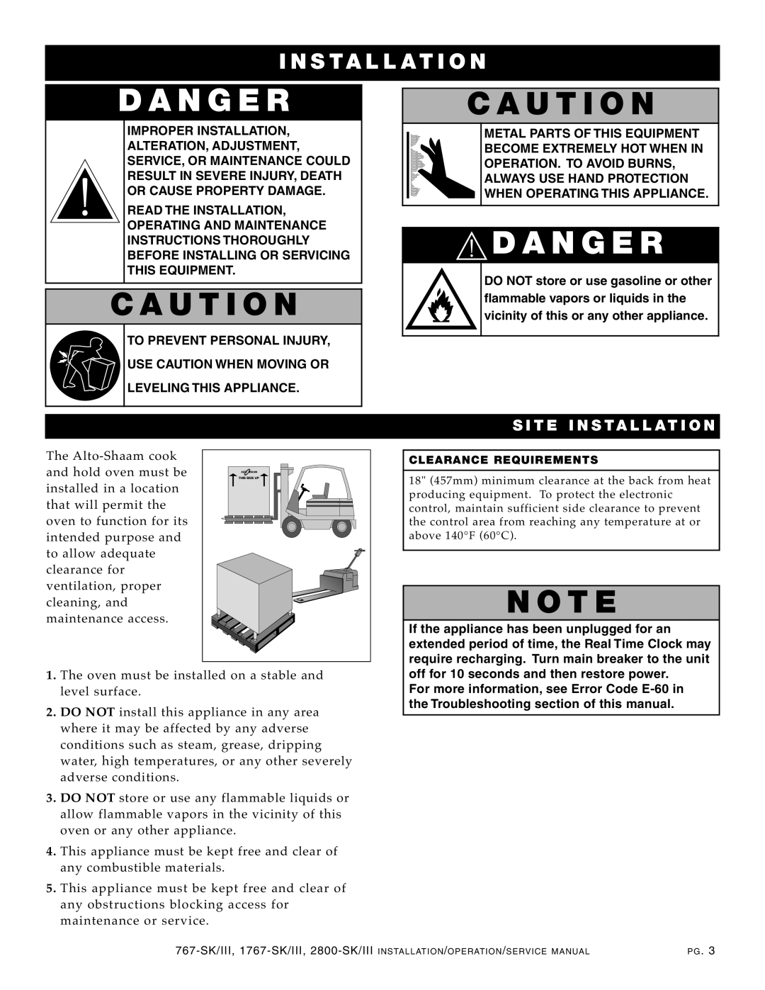 Alto-Shaam 1767-SK/III, 2800-SK/III manual U TI on, Dan Ge R, NST Allatio N, SIT E Inst AL L Atio N 