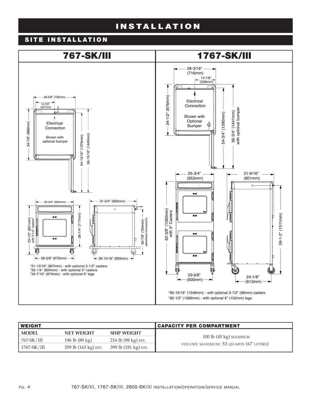 Alto-Shaam 2800-SK/III manual 767-SK/III 1767-SK/III, SI TE INS Tallatio N 