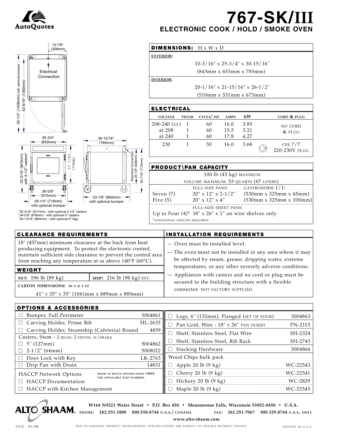 Alto-Shaam 767-SK/III Ele Ctr Ic Al, PR OD UC T\ PAN Capacity, Clear Ance Requirements INS TAL LA TI on RE QU IR Ement S 