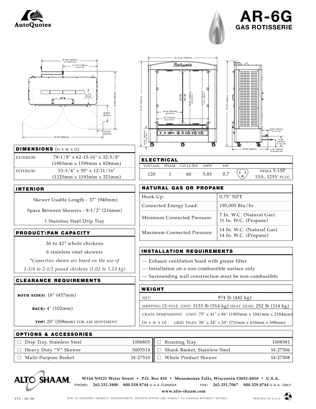 Alto-Shaam AR-6G specifications GAS Rotisse RIE 